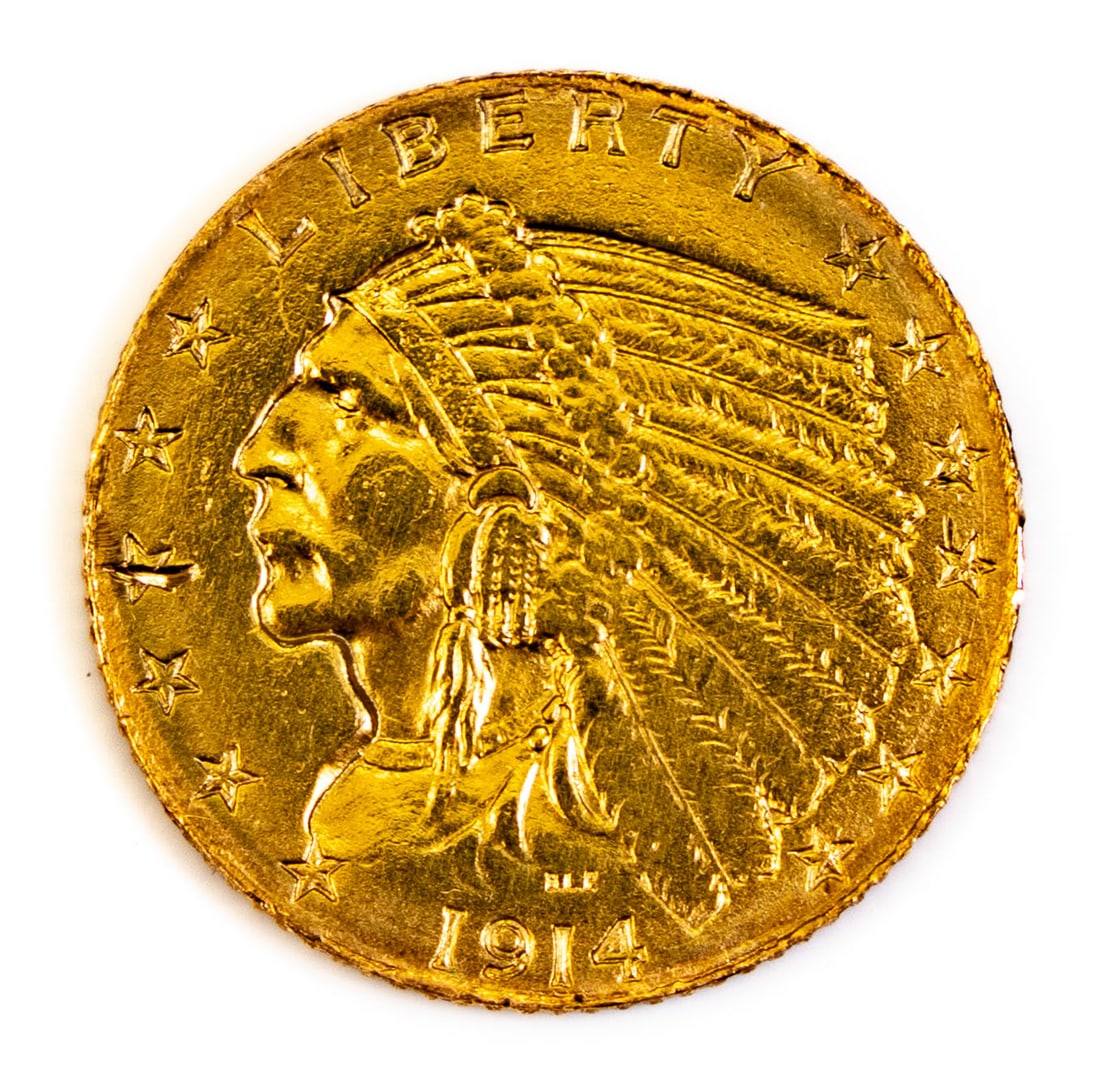 1914 US $2.50 Indian Head Gold Coin: One (1) 1914 US $2.50 Indian Head Gold Coin.