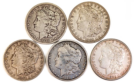 Five (5) Morgan Silver Dollar inc 1878 S