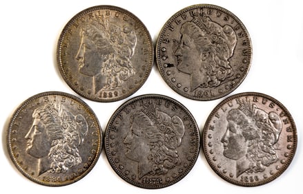 Five (5) Morgan Silver Dollars Mixed Dates