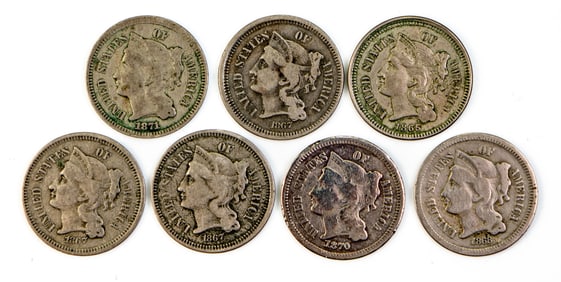 Seven (7) US Three Cent Nickels mixed dates