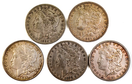 Five (5) Morgan Silver Dollars Mixed Dates