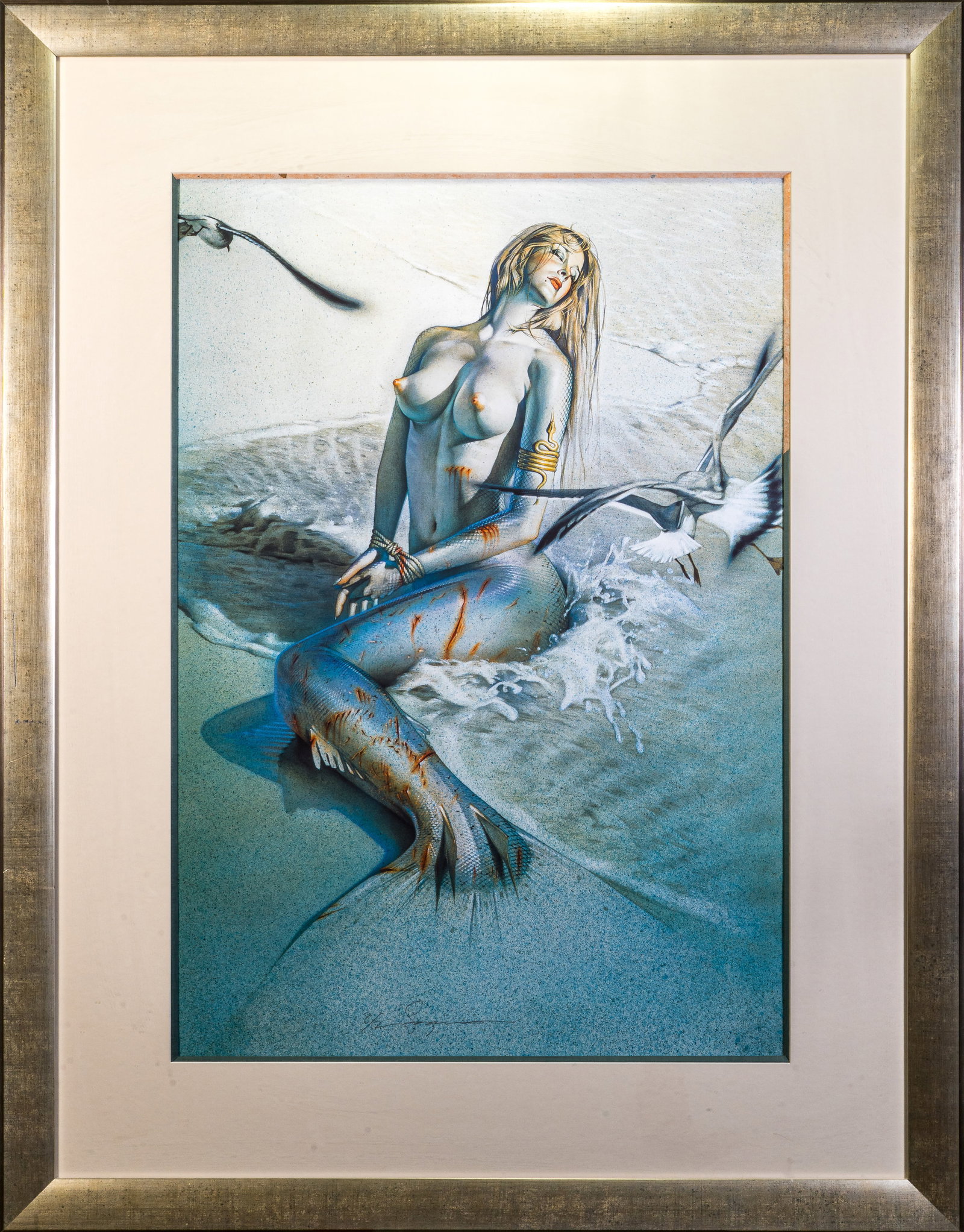 Hajime Sorayama (Japanese, 1947-) Lithograph "Wounded Mermaid" Large Format: Hajime Sorayama (Japanese, b. 1947) Large Format offset lithograph of a wounded mermaid. A limited edition of 12 total. Hand signed in pencil lower-center "Sorayama 8/12" View size: 31 x 21.5 in. Fram