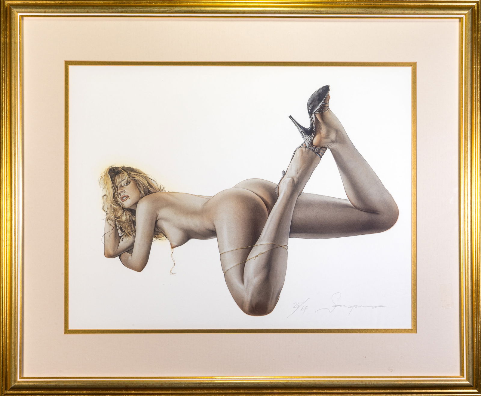 Hajime Sorayama (Japanese, 1947-) Nude Lithograph: Hajime Sorayama (Japanese, b. 1947) Limited edition offset lithograph of a female nude lying prone. Hand signed in pencil lower-right "Sorayama 25/64." View size: 15.5 x 20.5 in. Framed, matted under
