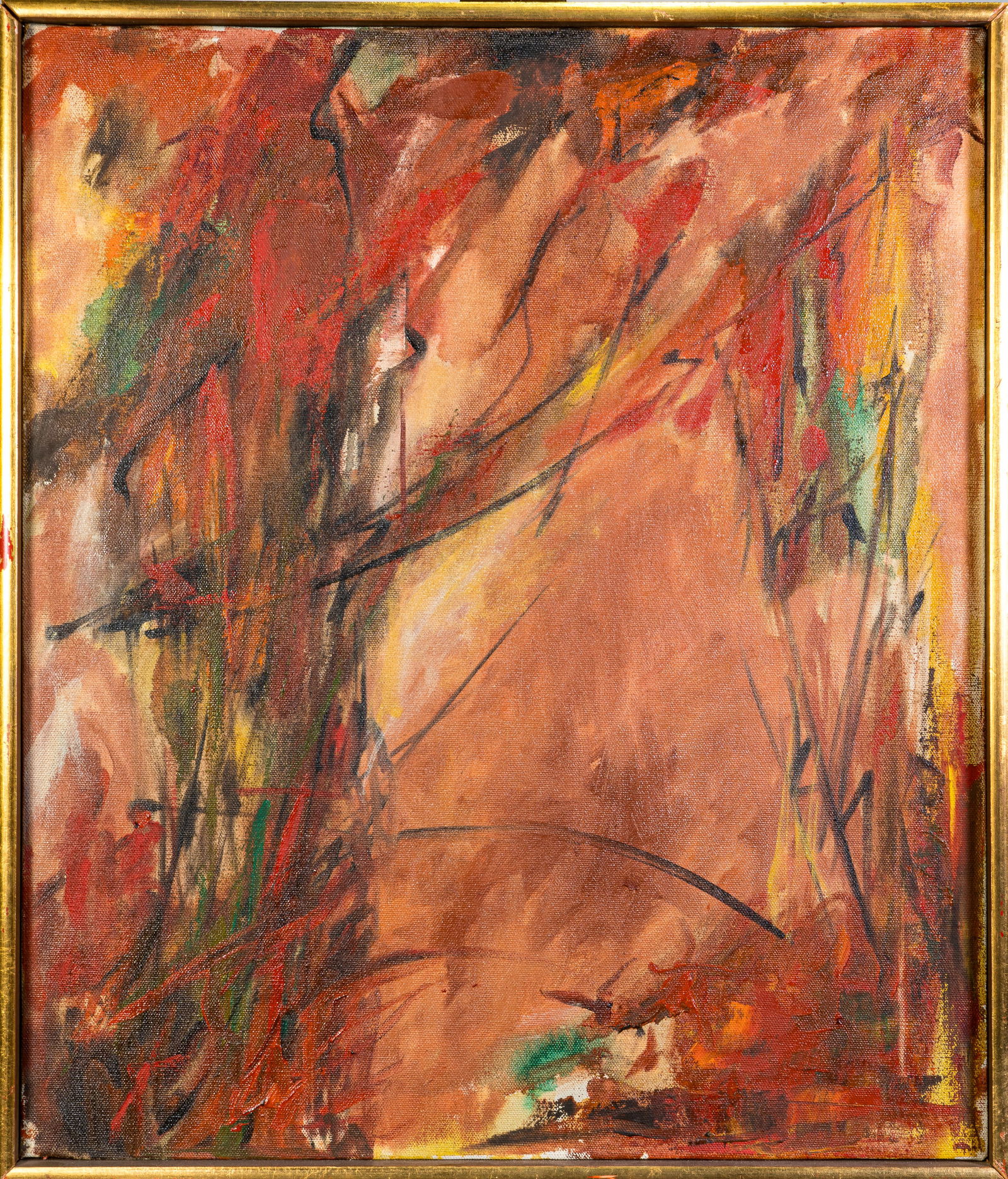 Abstract Oil on Canvas Signed Hilton: Abstract oil on canvas. Signed verso "1963 Hilton W. Orange". Canvas size: 20 x 17 in. Gold painted wood frame.