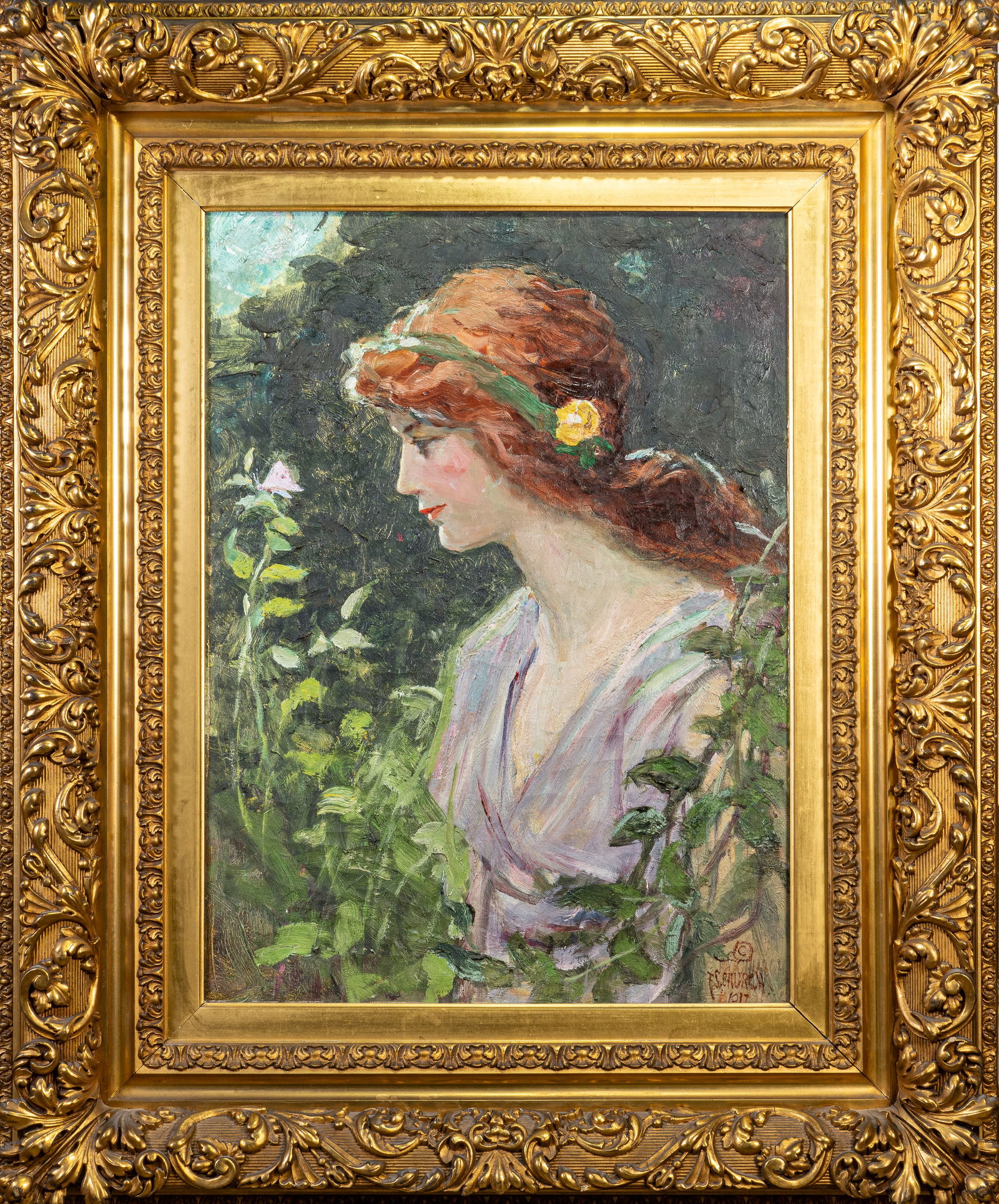 Frederic Stuart Church (American, 1842-1924) Portrait of a Woman: Frederic Stuart Church (American, 1824-1942). Portrait of a Woman. Oil on canvas. Signed and dated lower-right "F.S. Church 1917." Framed and unglazed. Frame size: 32.5 x 26.75 x 3.5 in.; view size: 2
