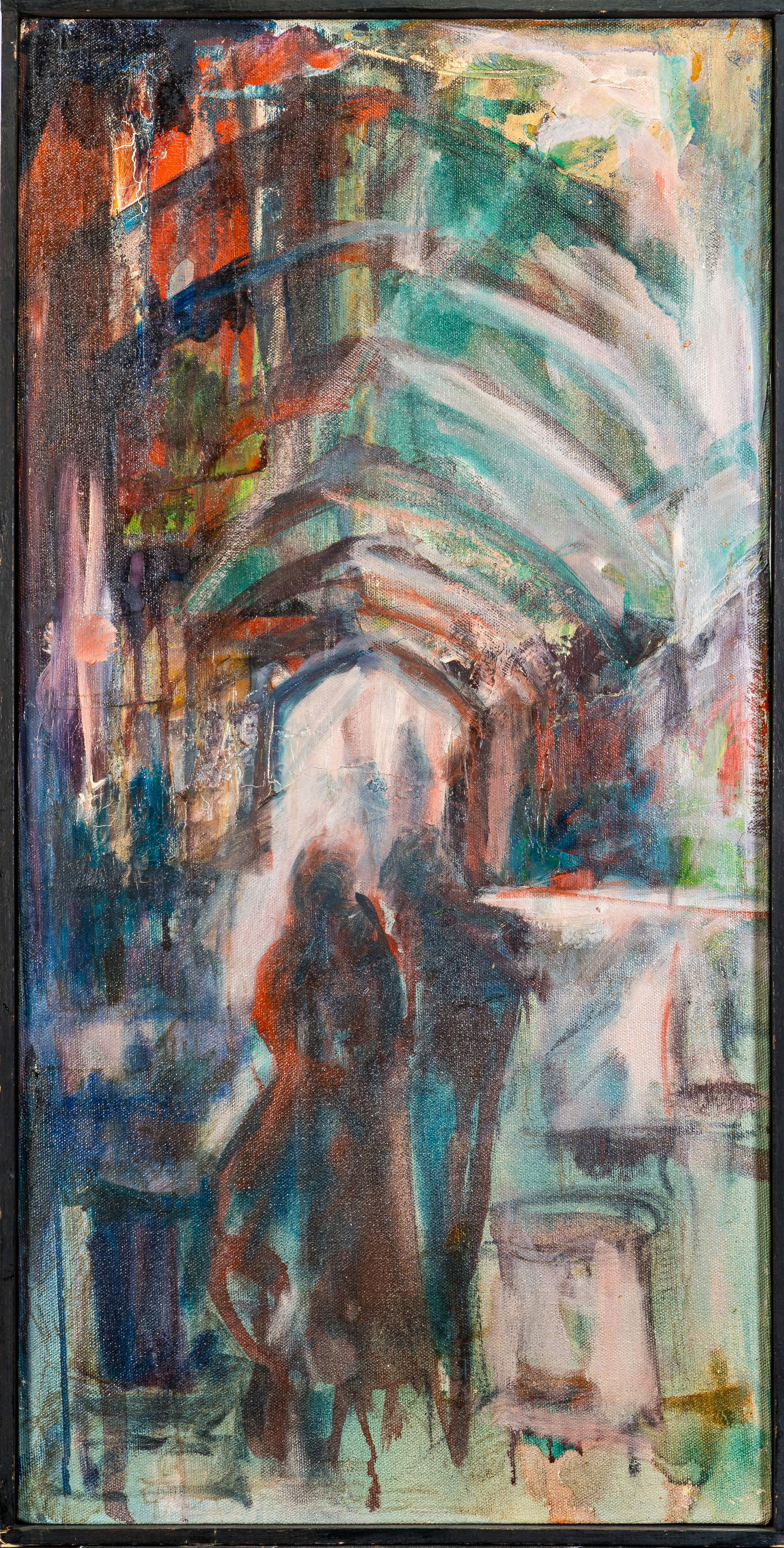 Abstract Oil on Canvas signed Hilton en verso: Absract oil on canvas. Signed verso "Hilton". Canvas size: 24 x 12 in. Thin black wood frame.