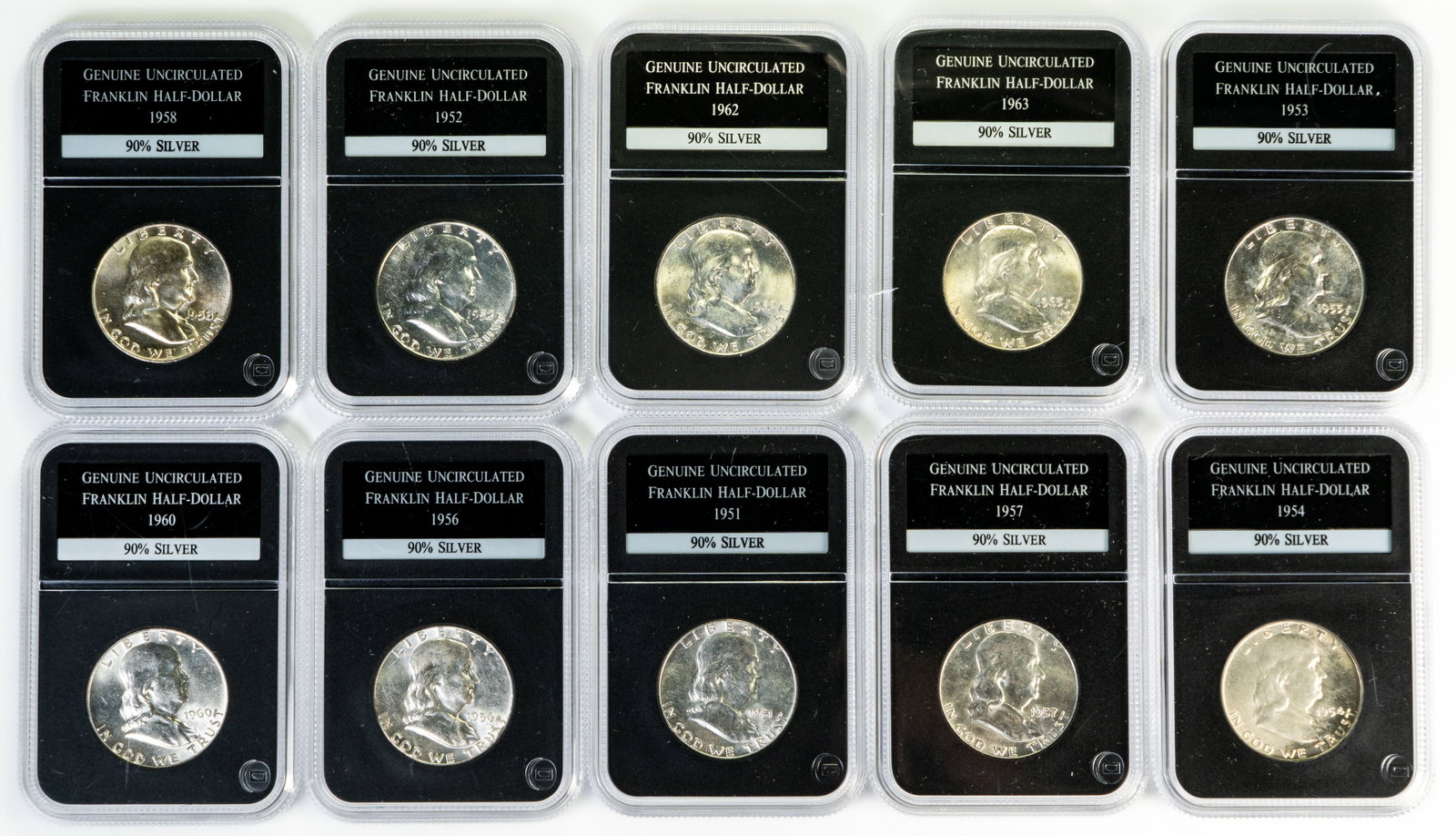 Ten (10) Pcs Graded Uncirculated Franklin Half Dollars (1 of 4)