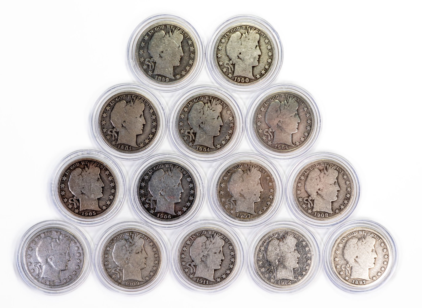 Fourteen (14) Barber Half Dollars: Fourteen (14) Barber half dollars. Years: 1897, 1899, 1900 O, two (2) 1904, 1905, 1906 O, two (2) 1907, 1908 O, 1908 D, 1909, 1911, 1912.