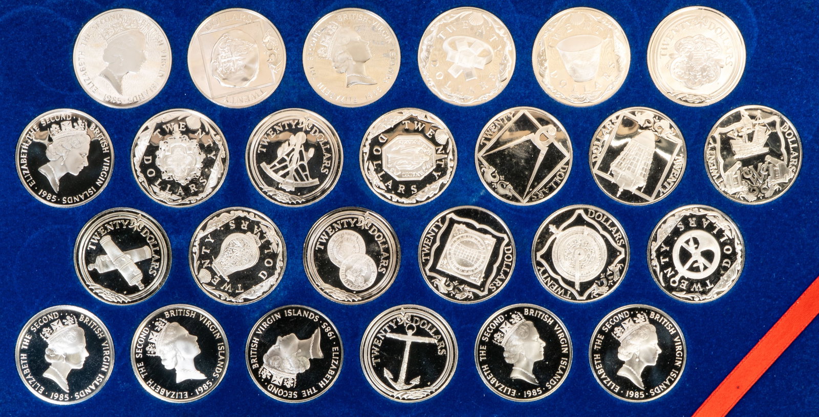 1985 Franklin Mint BVI "Treasures Of The Caribbean" 25 Coin Set: A twenty-five (25) coin sterling silver set by Franklin Mint, titled "Treasure Coins of the Caribbean". Each of the 25 coins weighs 11.8 pennyweights. Sterling silver total weight: 14.75 troy ounces.