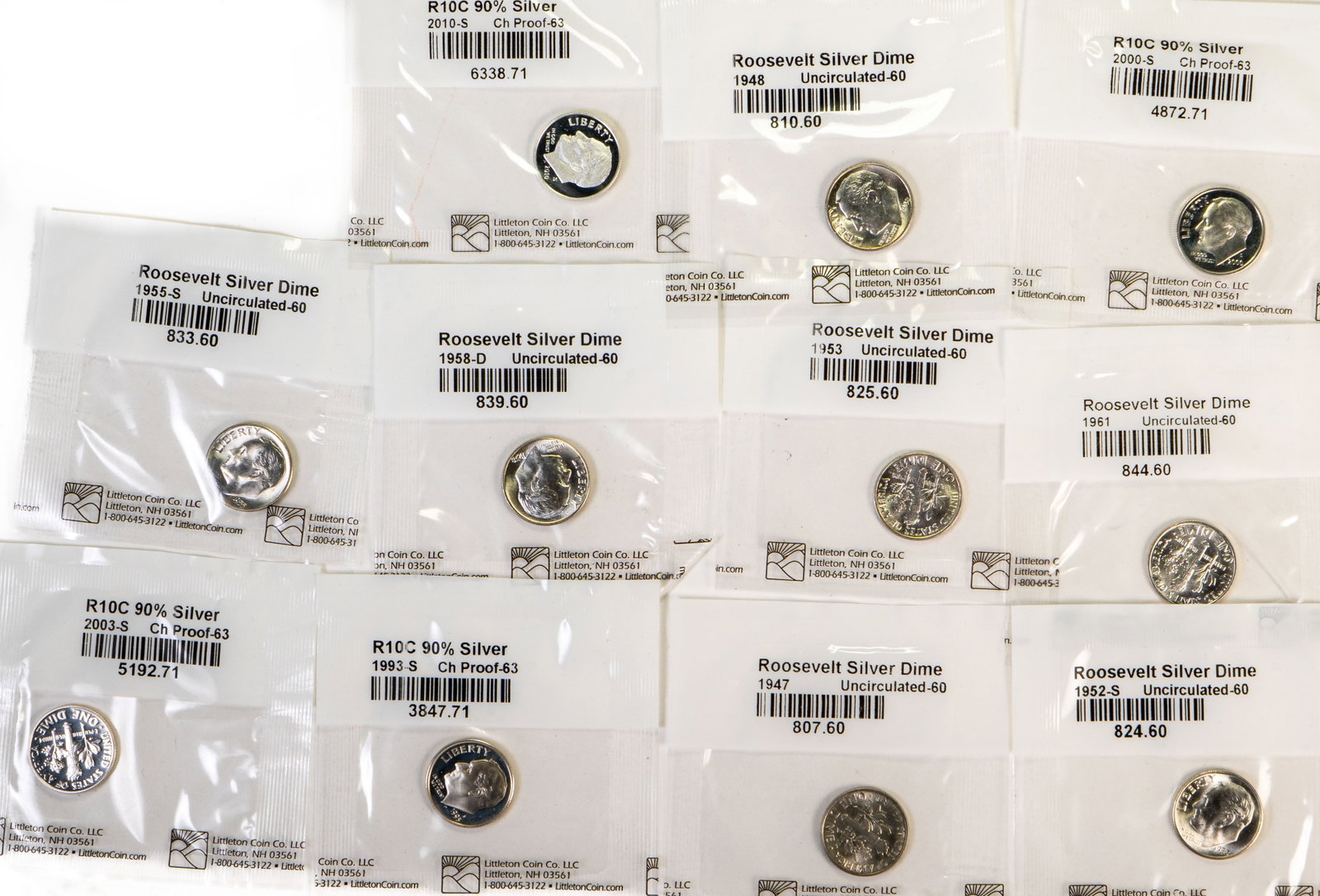 Eleven (11) Roosevelt Dimes Uncirculated 90% Silver: Eleven (11) Roosevelt 90% silver uncirculated dimes, all in Littleton Coin Plastic wrappers, including: Seven (7) uncirculated Roosevelt 90% silver dimes (1947, 1948, 1952 S, 1953, 1955 S, 1958 D,