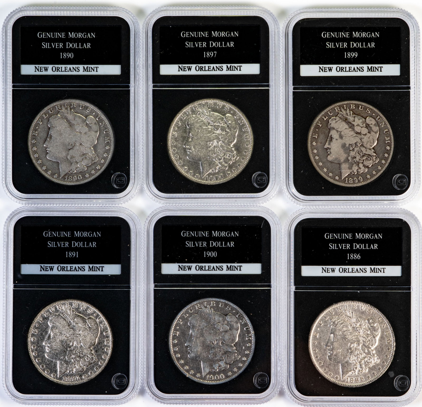 Six (6) Morgan Silver Dollars: Six (6) Morgan silver dollars from PCS Stamps and Coins. Years: 1899 O, 1897 O, 1886 O, 1900 O, 1890 O, 1881 O.