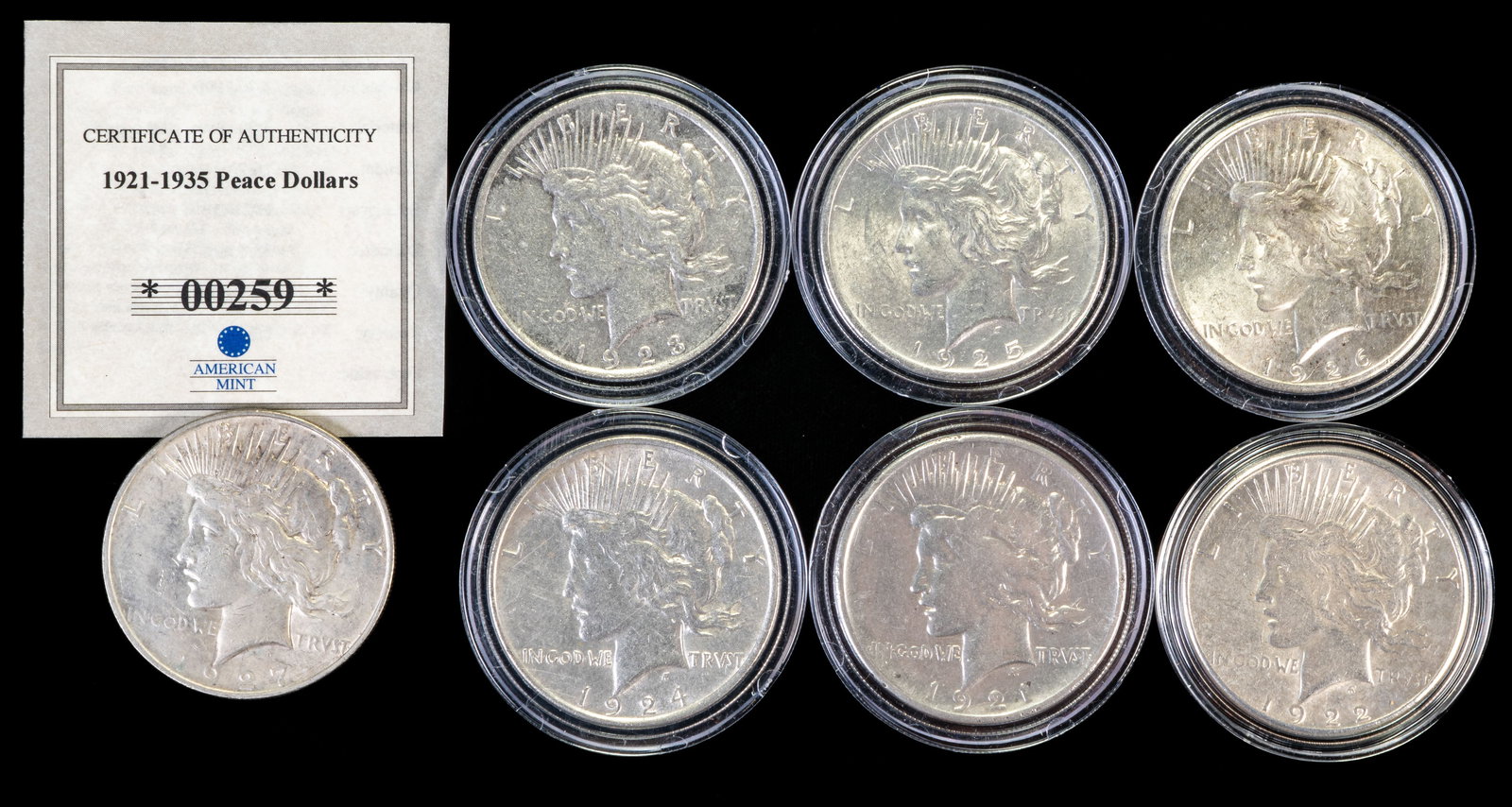Seven (7) Liberty Peace Dollars 1921-1927 (1 of 3)
