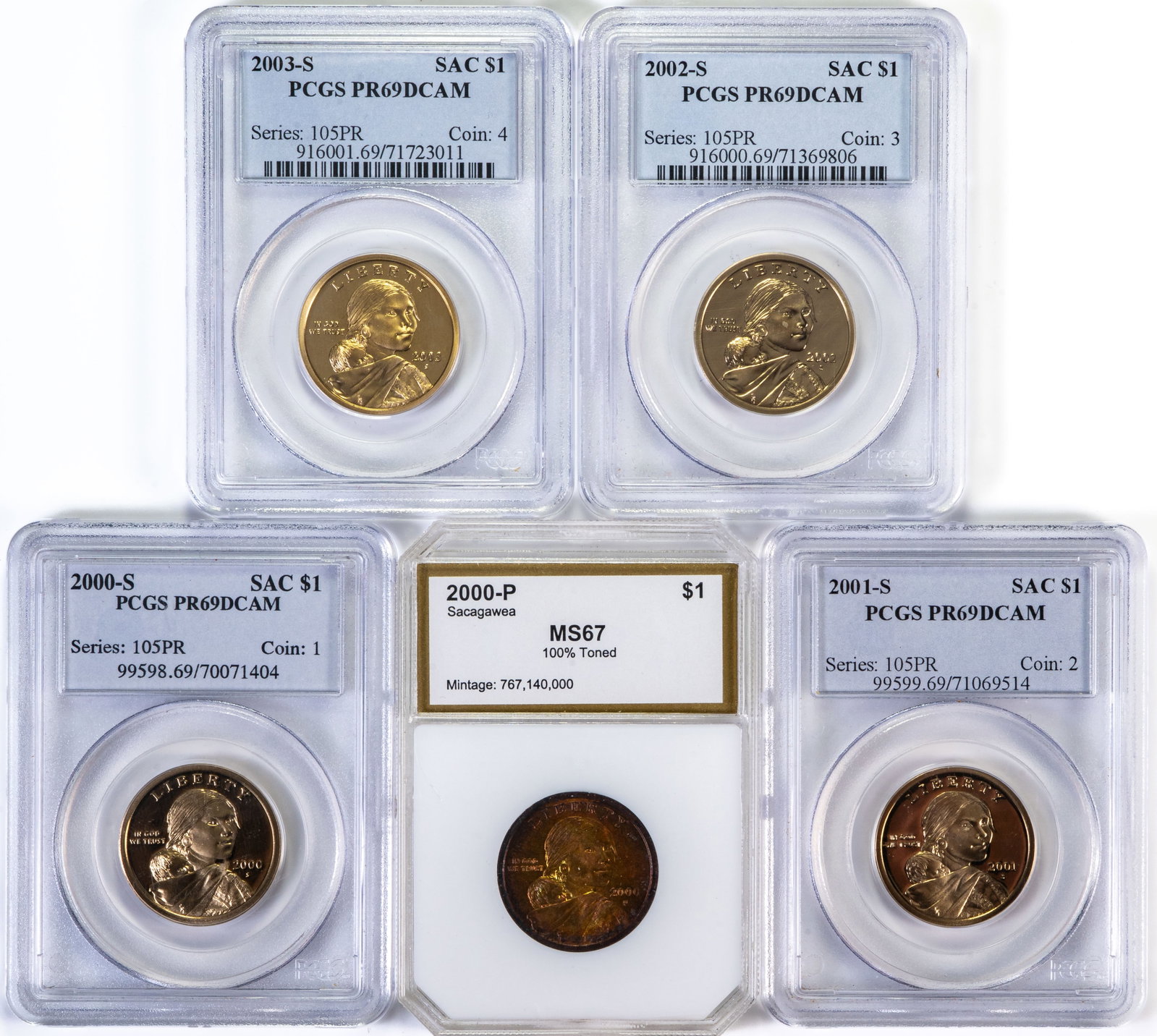 Five Graded Sacagawea $1 Pr69Dcam: Five (5) $1 Sacagawea graded coins. Years: 2000 S, 2001 S, 2002 S, 2003 S (all PCGS PR69DCAM), one 2000 p PCI Graded MS67 Toned.