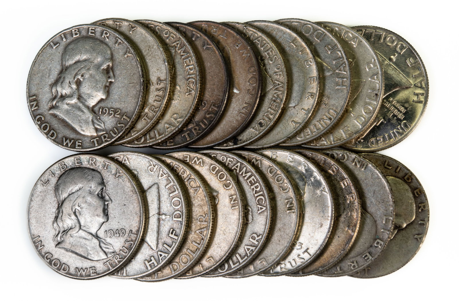 Twenty (20) Franklin Half Dollars 90% Silver $10 FV (1 of 3)
