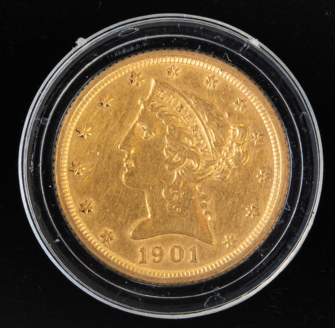 1901 S $5 Liberty Head Gold Coin: 1901 S $5 Liberty Head Gold Coin.