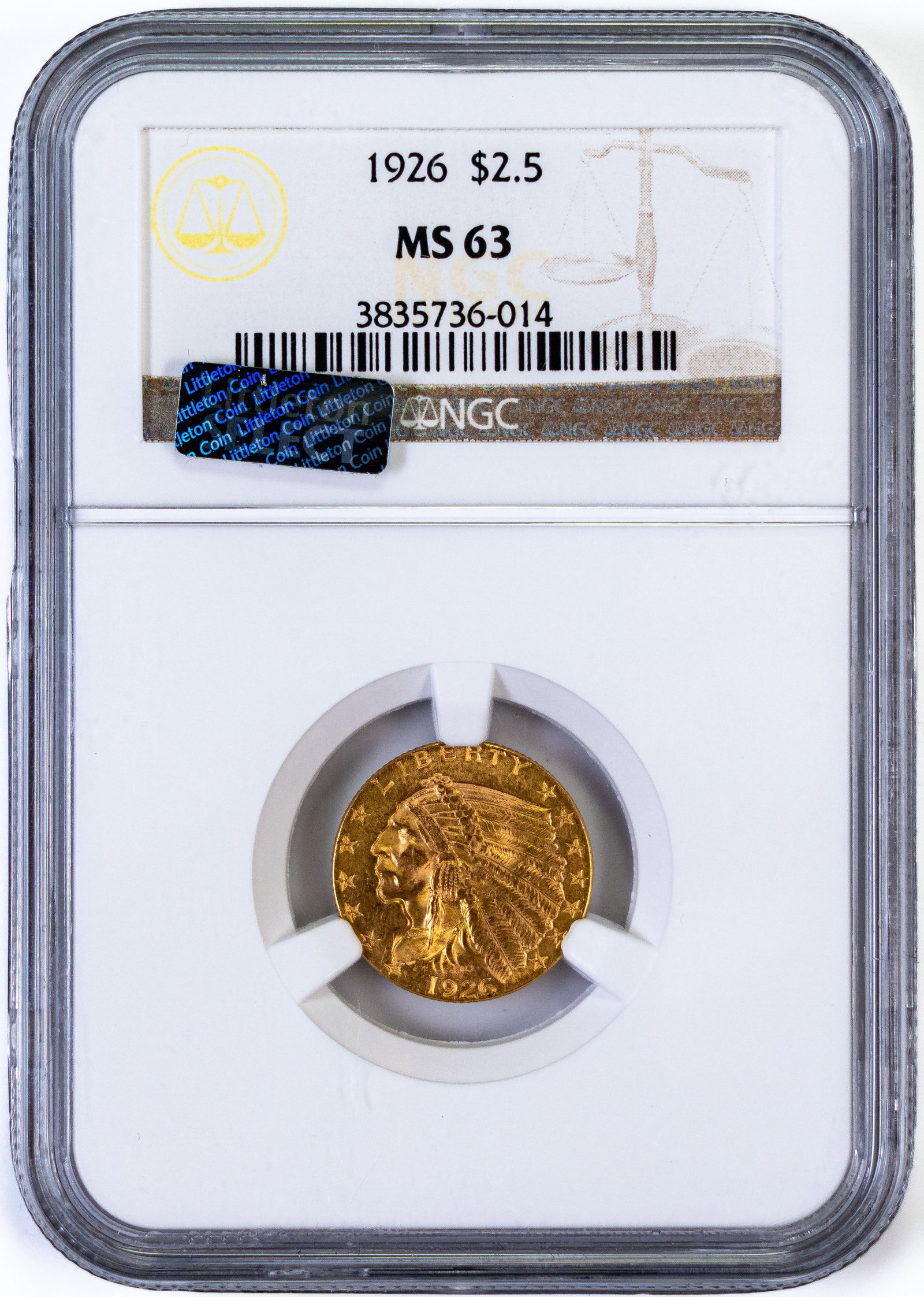 1926 NGC Graded $2.50 Indian Head Gold Coin MS63: One (1) $2.50 Indian Head Gold coin. NGC Graded MS63. Littleton select.
