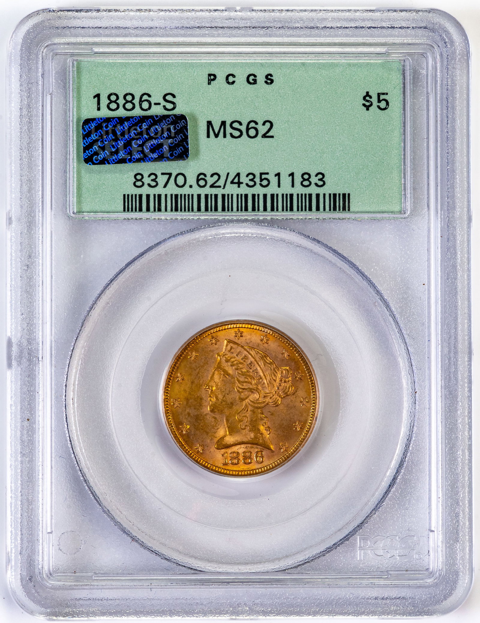 1886-S Liberty Head $5 Gold Coin MS63: One (1) 1886-S Liberty Head $5 gold coin. PCGS MS62 green label. Littleton Select