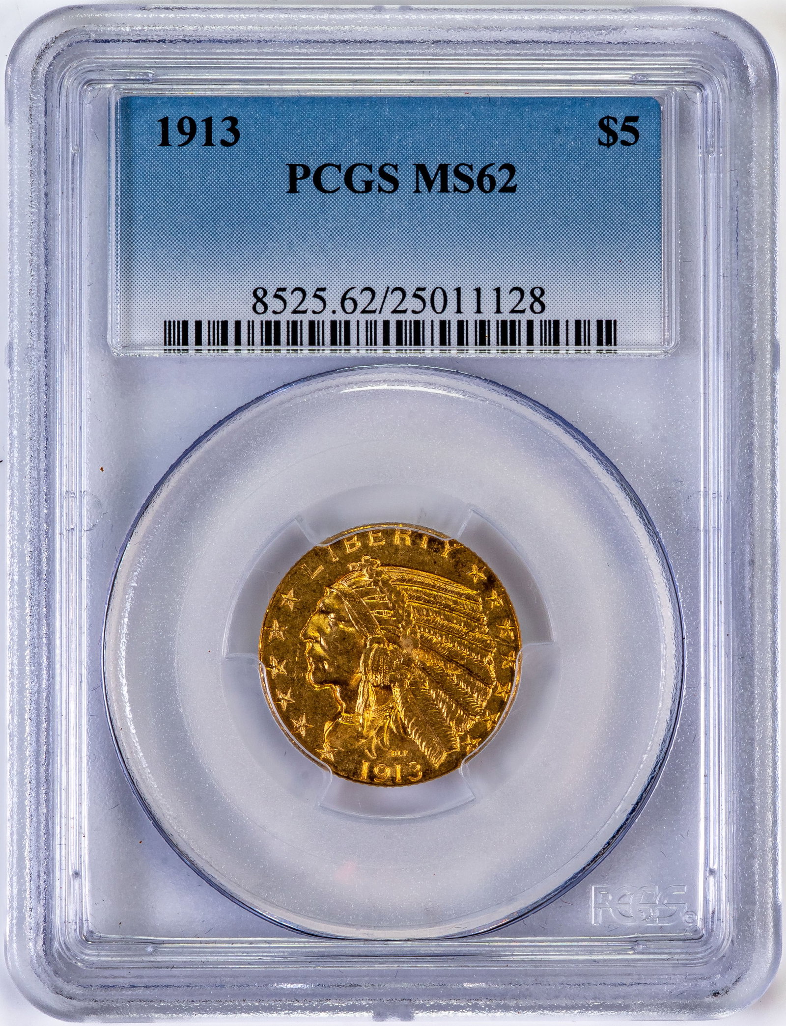 1913 Indian Head $5 Gold Coin MS62: One (1) 1913 Indian Head $5 gold coin. PCGS Graded MS62.