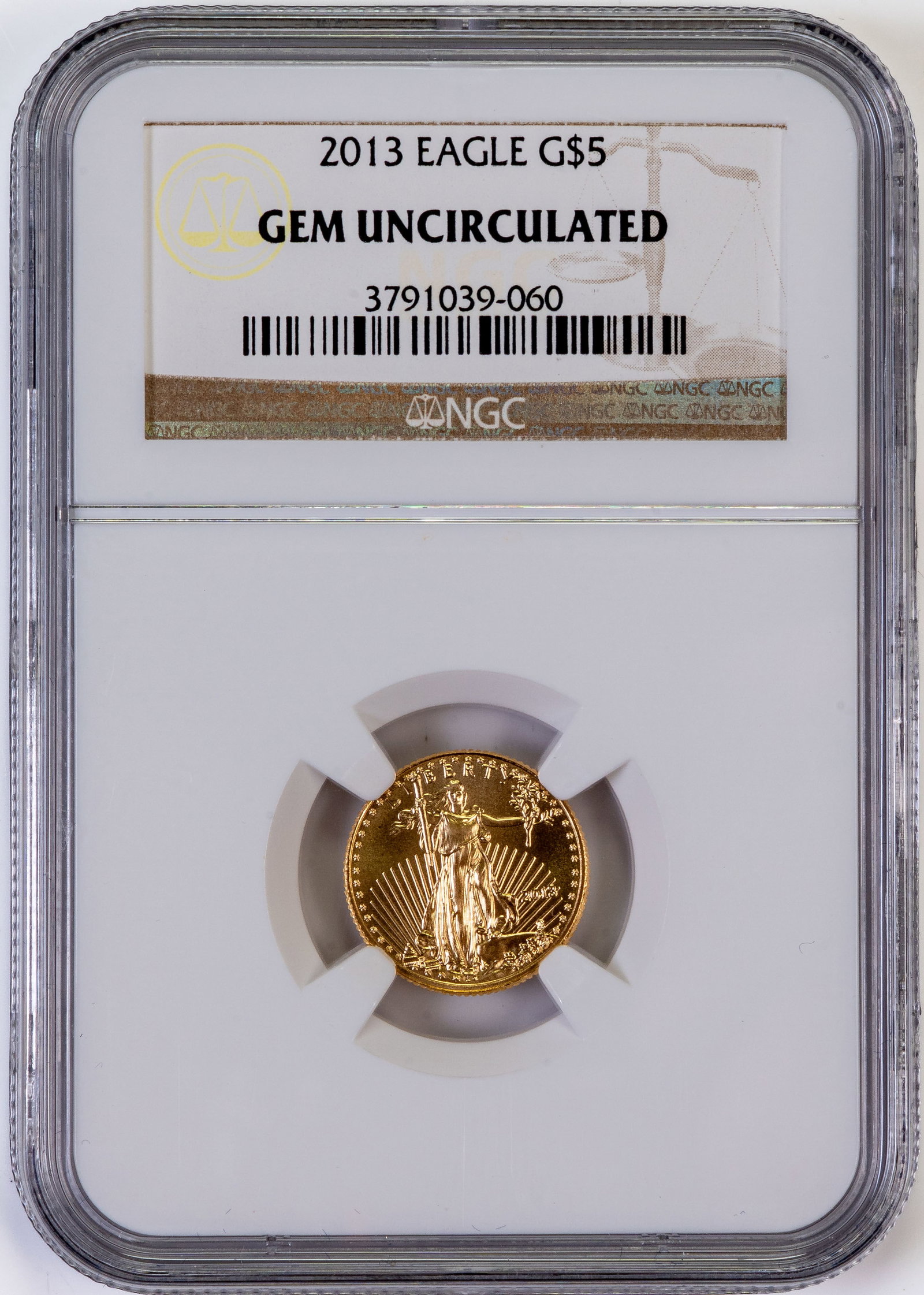 2013 $5 Gold Eagle GEM Uncirculated: One (1) 2013 $5 Gold Eagle. NGC Graded GEM Uncirculated.