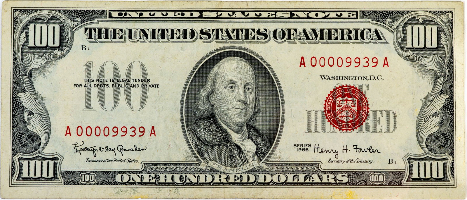1966 Red Seal $100 Note: A 1966 Red Seal $100 note. No creases or tears.