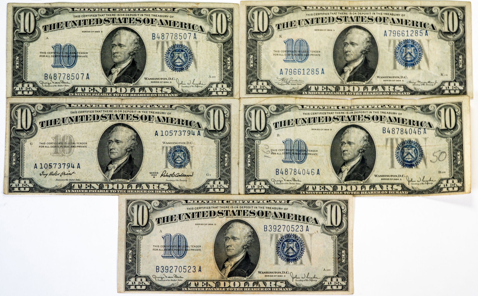 Five (5) $10 Siver Certificate Notes Blue Seal: Five (5) $10 silver certificate blue seal notes. There are four (4) 1934 issue and one 1953.