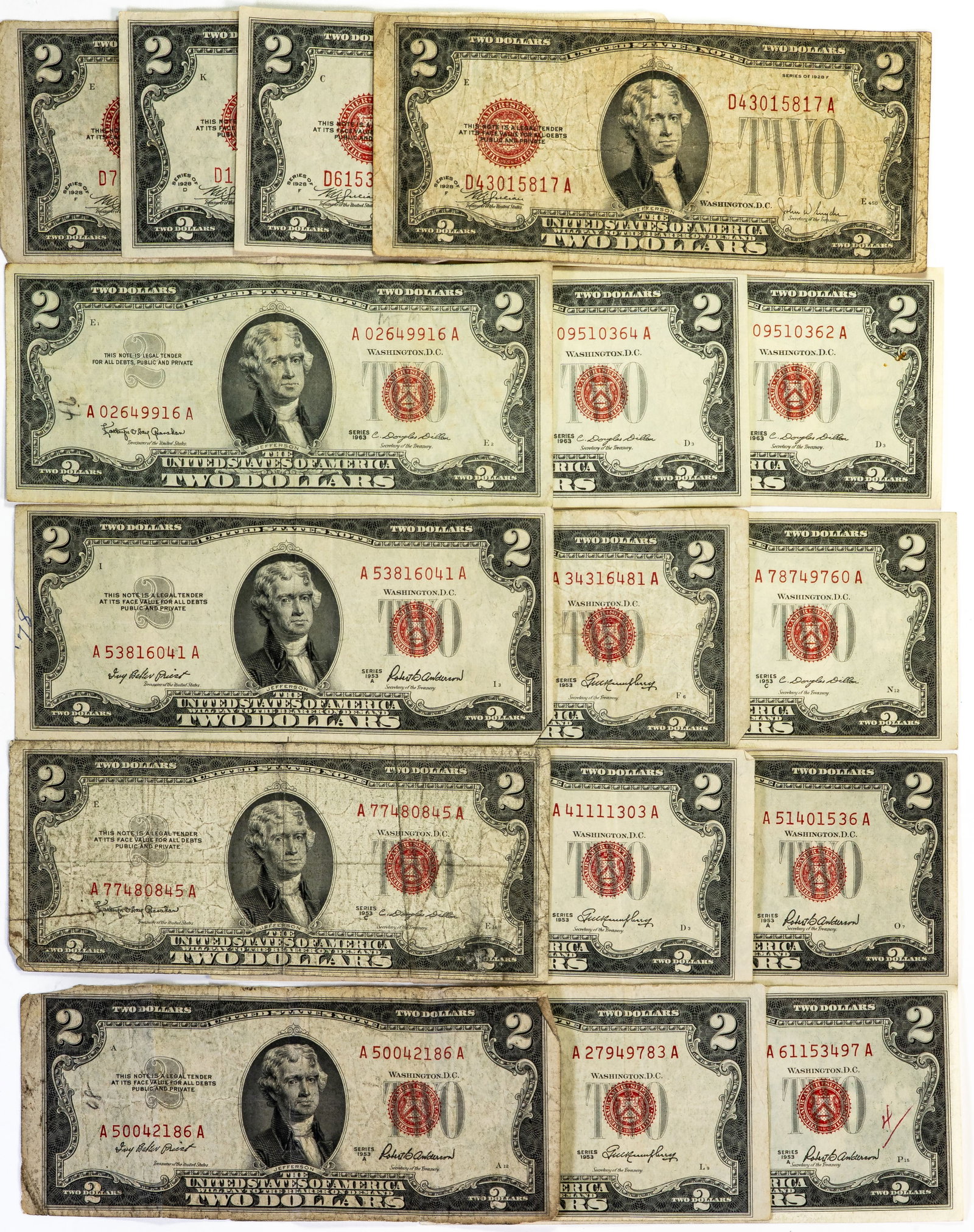 Sixteen (16) Red Seal $2 Note 1928 1953 1963: Sixteen (16) Red Seal $2.00 notes. There are four (4) 1928 (one with ripped corner), nine (9) 1953, and three (3) 1963. All in various conditions.