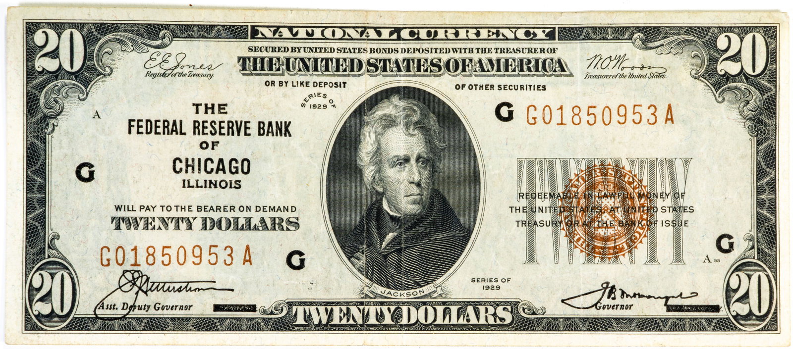 1829 National Currency $20 Note Chicago: A 1929 national currency $20 note stamped "The Federal Reserve Bank of Chicago"