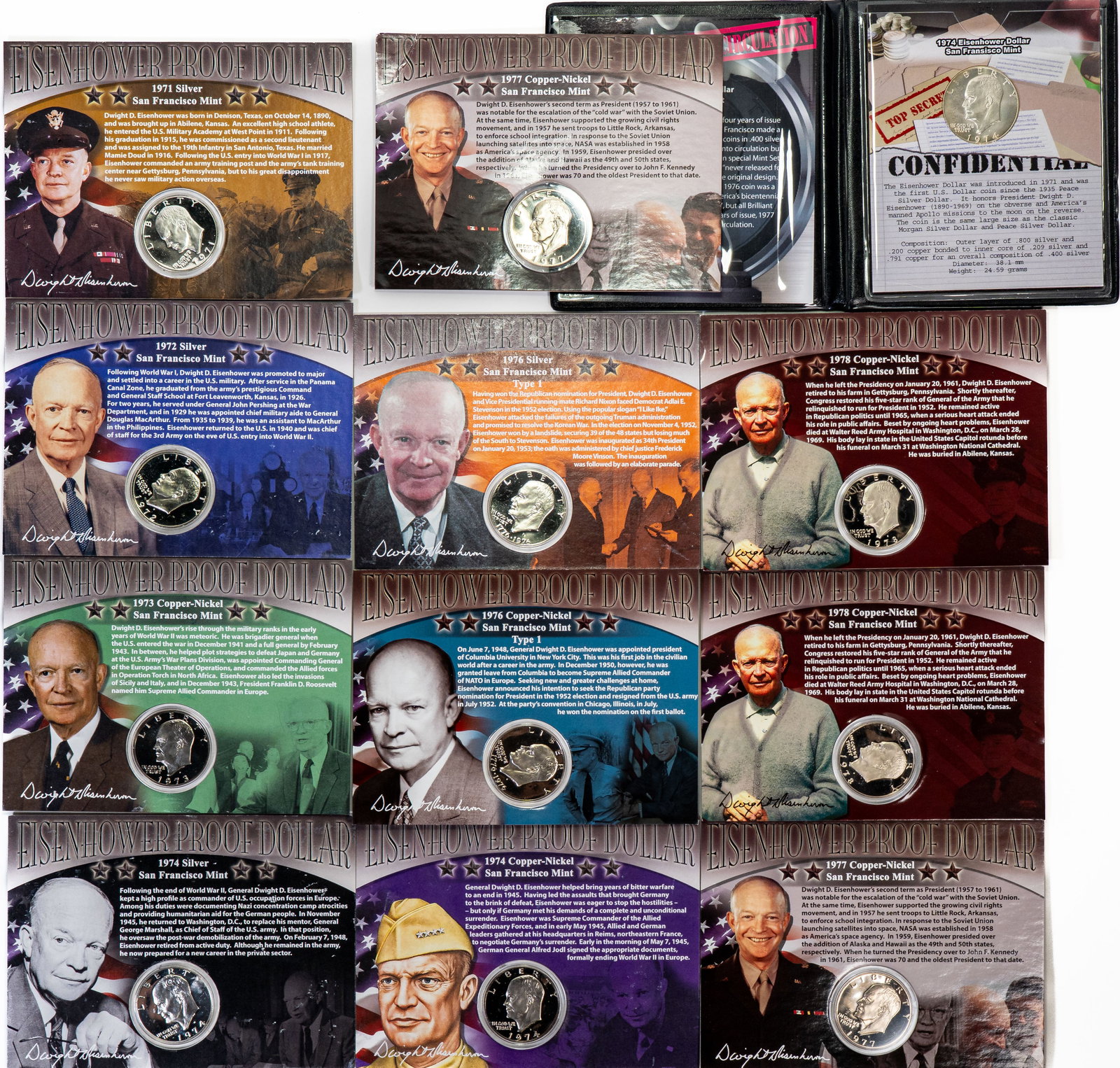 Twelve (12)Eisenhower Proof $1 Five Are 40% Silver: Twelve (12) Eisenhower proof silver dollars in packaging from First Commemorative Mint Inc. Five of the twelve are 40% Silver.