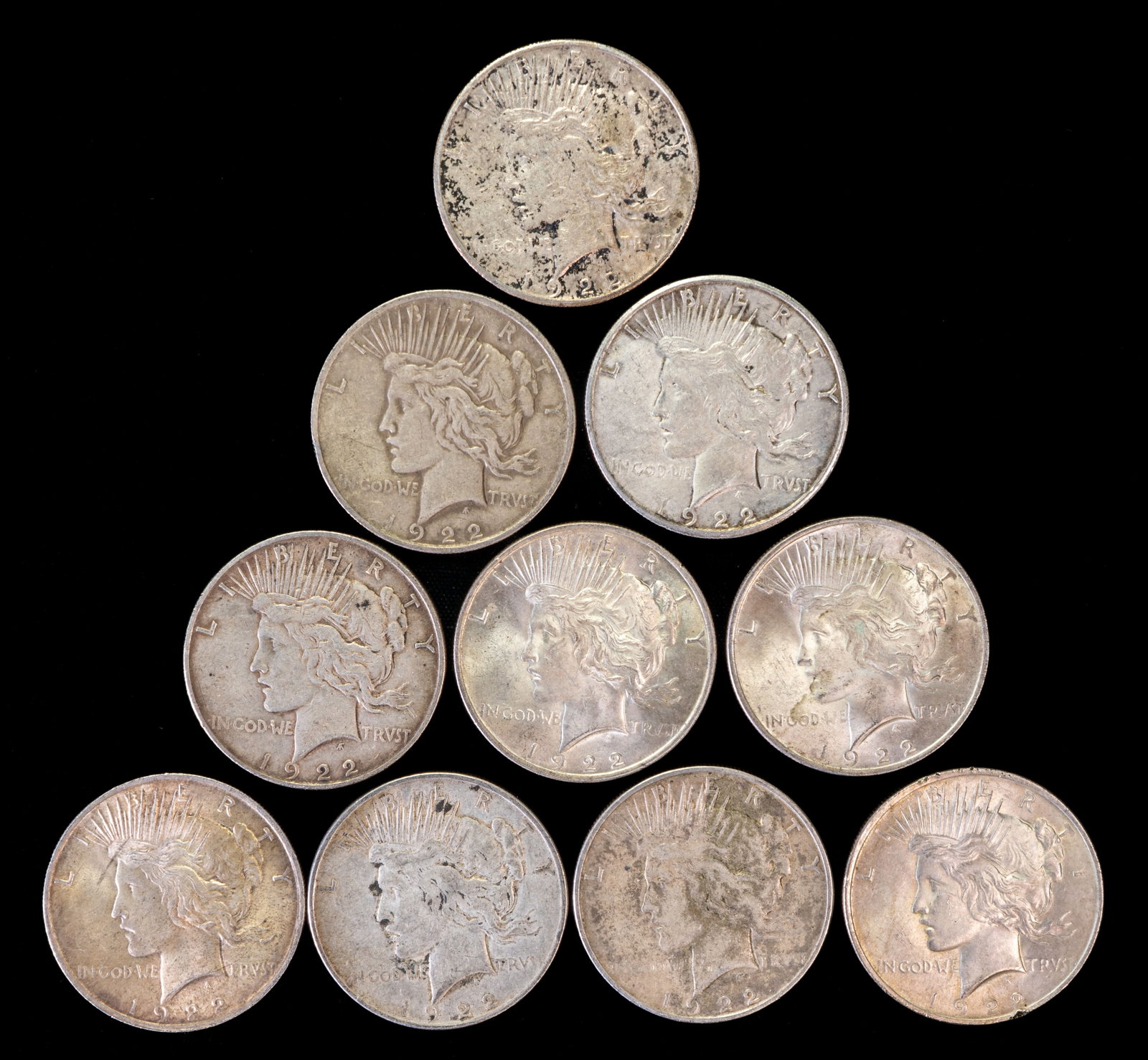 Ten (10) Liberty Peace Dollars All 1922: Ten (10) Liberty Peace $1 silver coins. Years: eight (9) 1922, two (2) 1922 S.