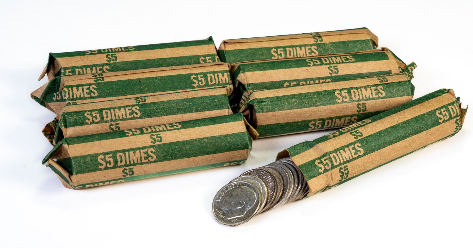 Four Hundred (400) Roosevelt Dimes $40 FV: Eight rolls of Roosevelt 90% silver dimes. Four hundred total. Dates not checked. $40 Face value.