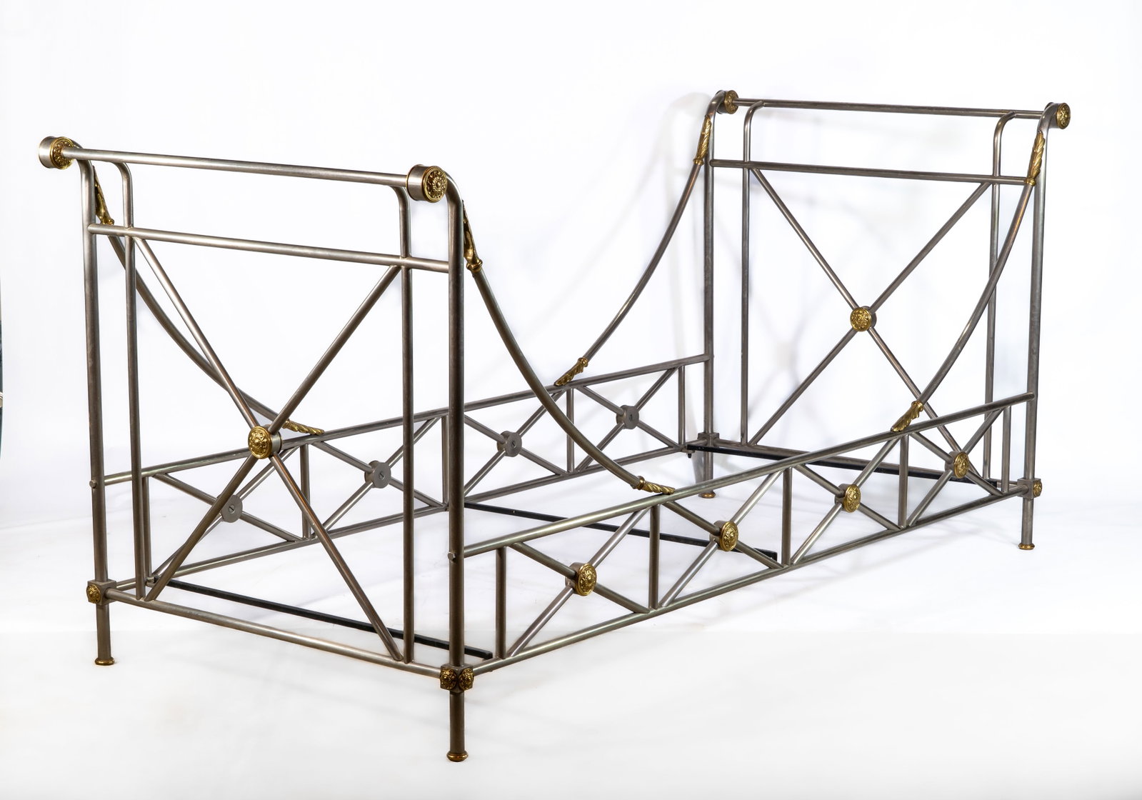 Maison Jansen Brass Steel Daybed: Maison Jansen, Steel and Brass Daybed Italy, late 20th century, multi-part form, including cross-bar form head and footboard, with two trellis panels and four arched rods. Dimensions: 39 in. high x 36