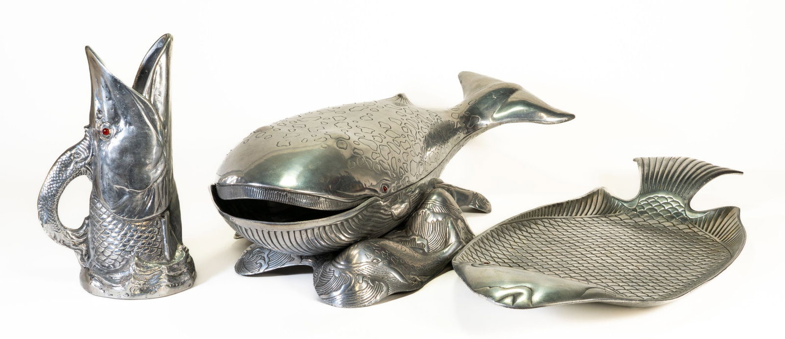 Arthur Court Designs Whale Tureen Plus Other Pieces: Arthur Court Designs serving items including a 1979 Whale Aluminum Large Serving Tureen, one (1) fish-form pitcher dated 1977 and one (1) large serving platter dated 1979. The two part mid-century