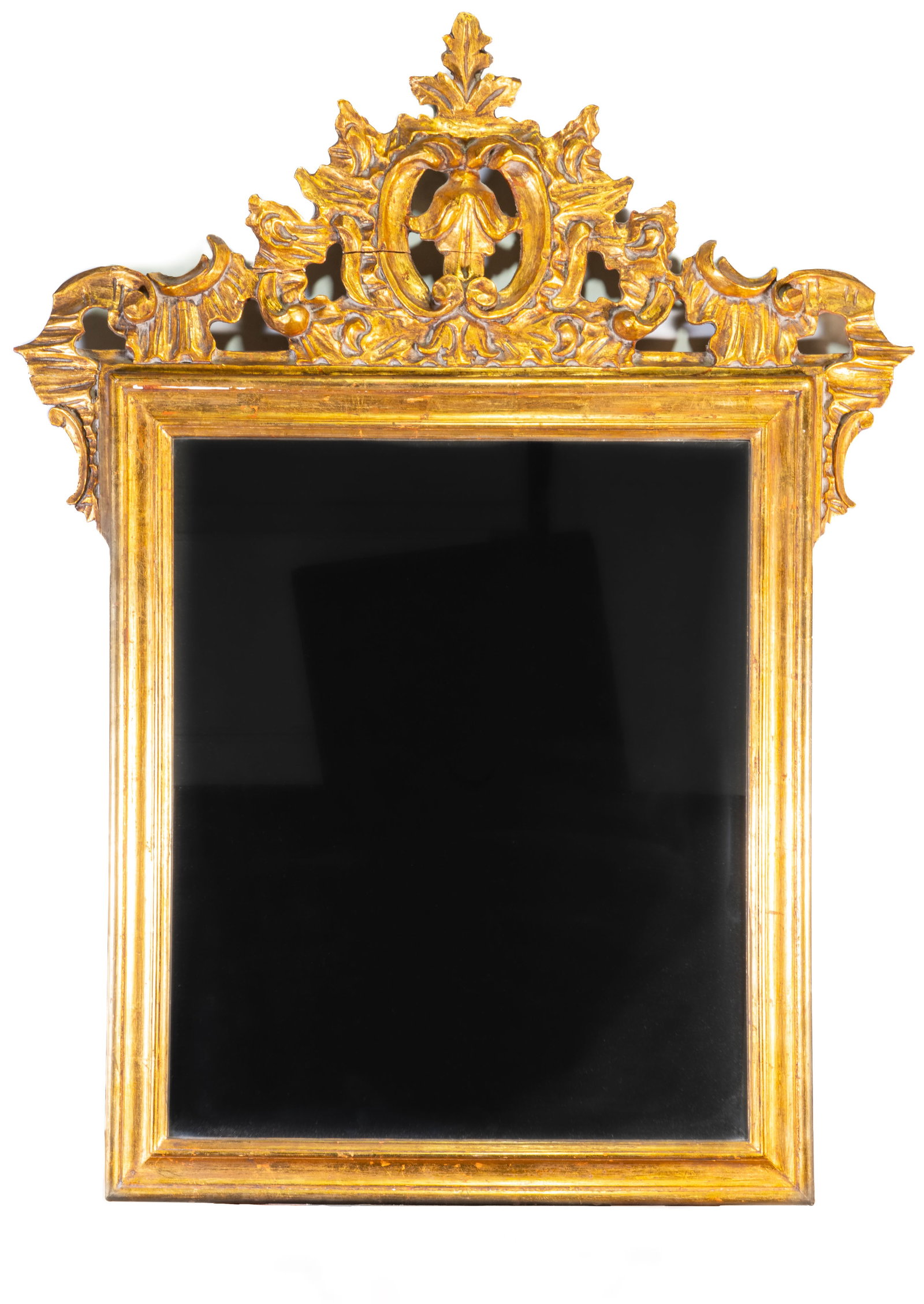 Giltwood Baroque Style Mirror: A 20th C Baroque style giltwood mirror. Made in Spain. Measurements: 36 in. high x 30 in. wide