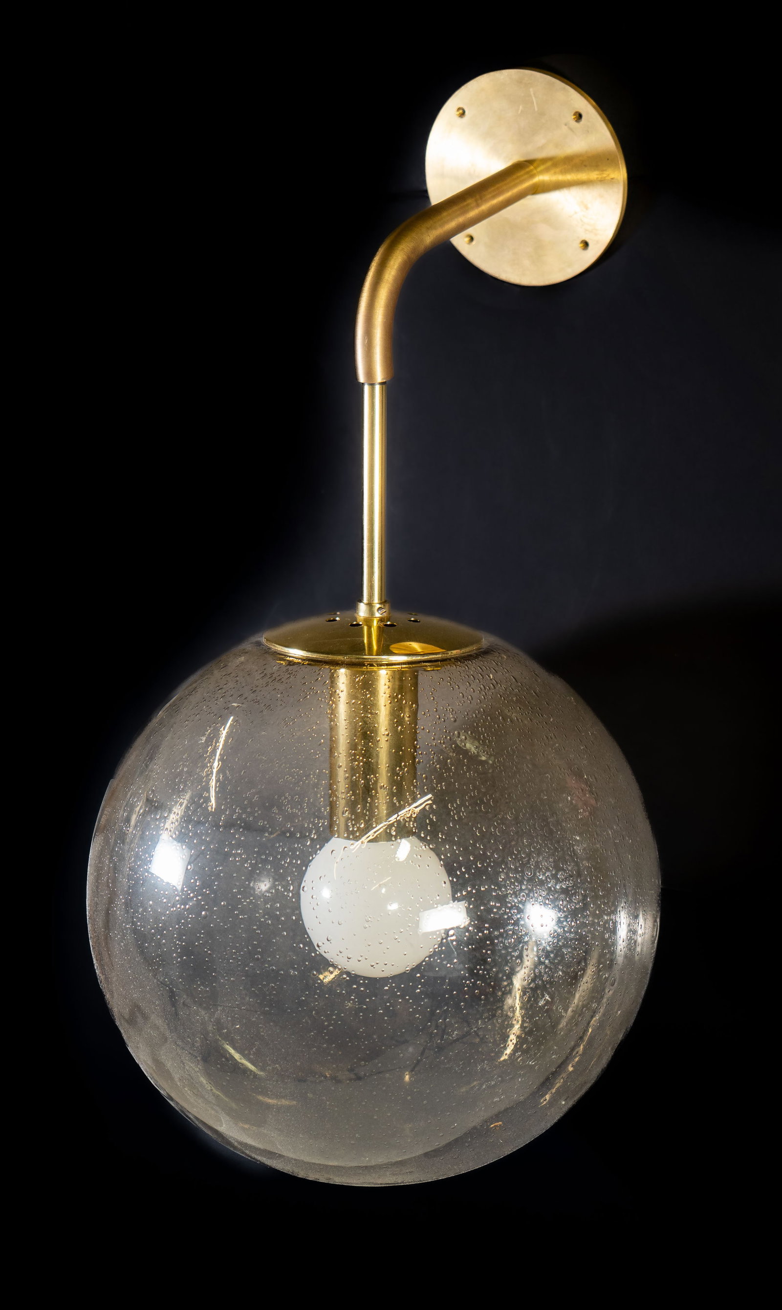 Six (6) Glashutte Limburg MCM Bubble Glass Pendant Lights: Six (6) Glashutte Limburg MCM bubble glass pendant lights. Solid brass base connects to wall or soffit. 11.5 inch diameter bubble glass is adjustable for length.
