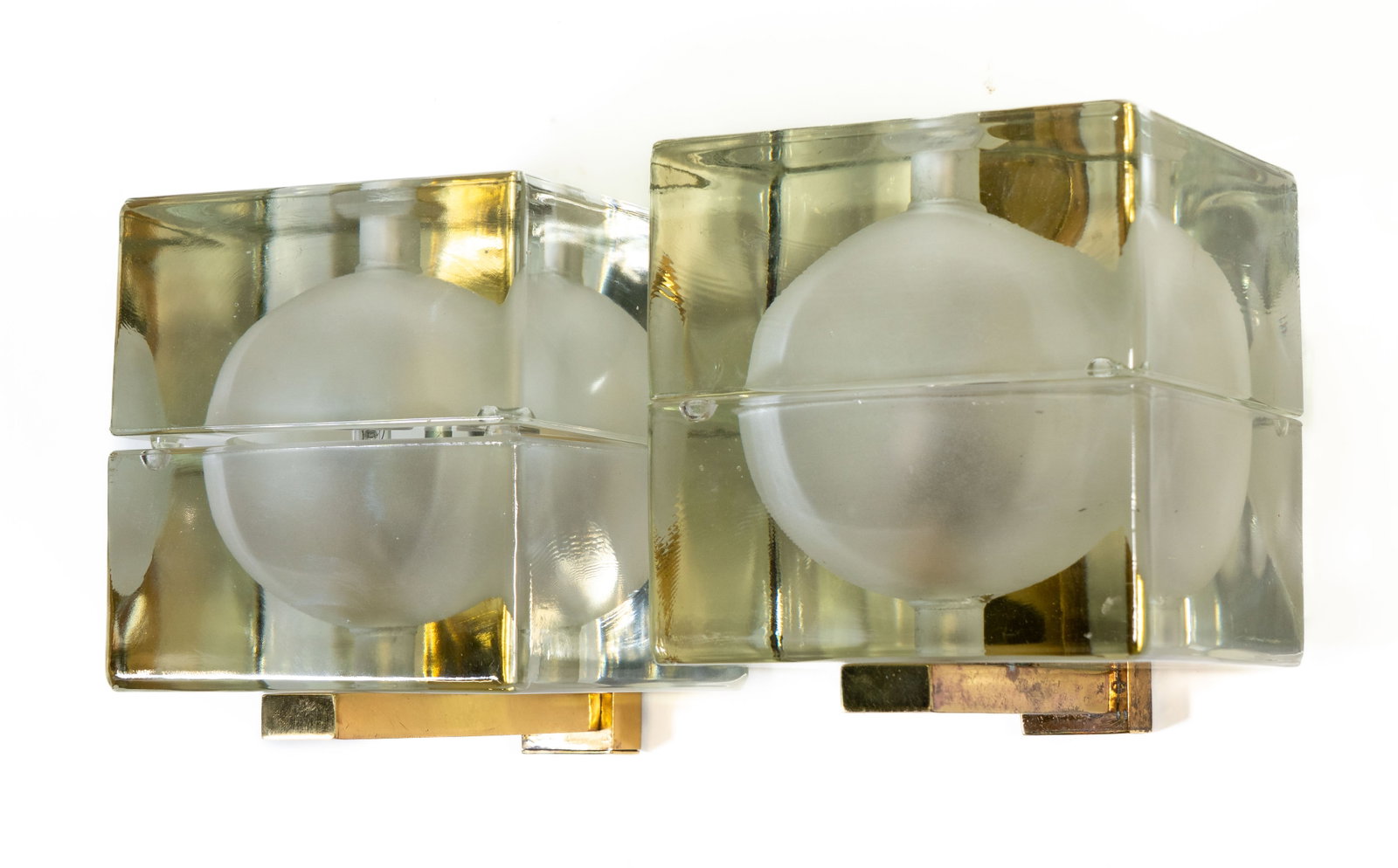 PAIR Allessandro Mendini "Cubosfera" Wall Lamps: PAIR Allessandro Mendini "Cubosfera" Wall Lamps. Molded glass and brass. Dimensions: Glass is 7.25 in. x 6.25 in. x 7.25 in..