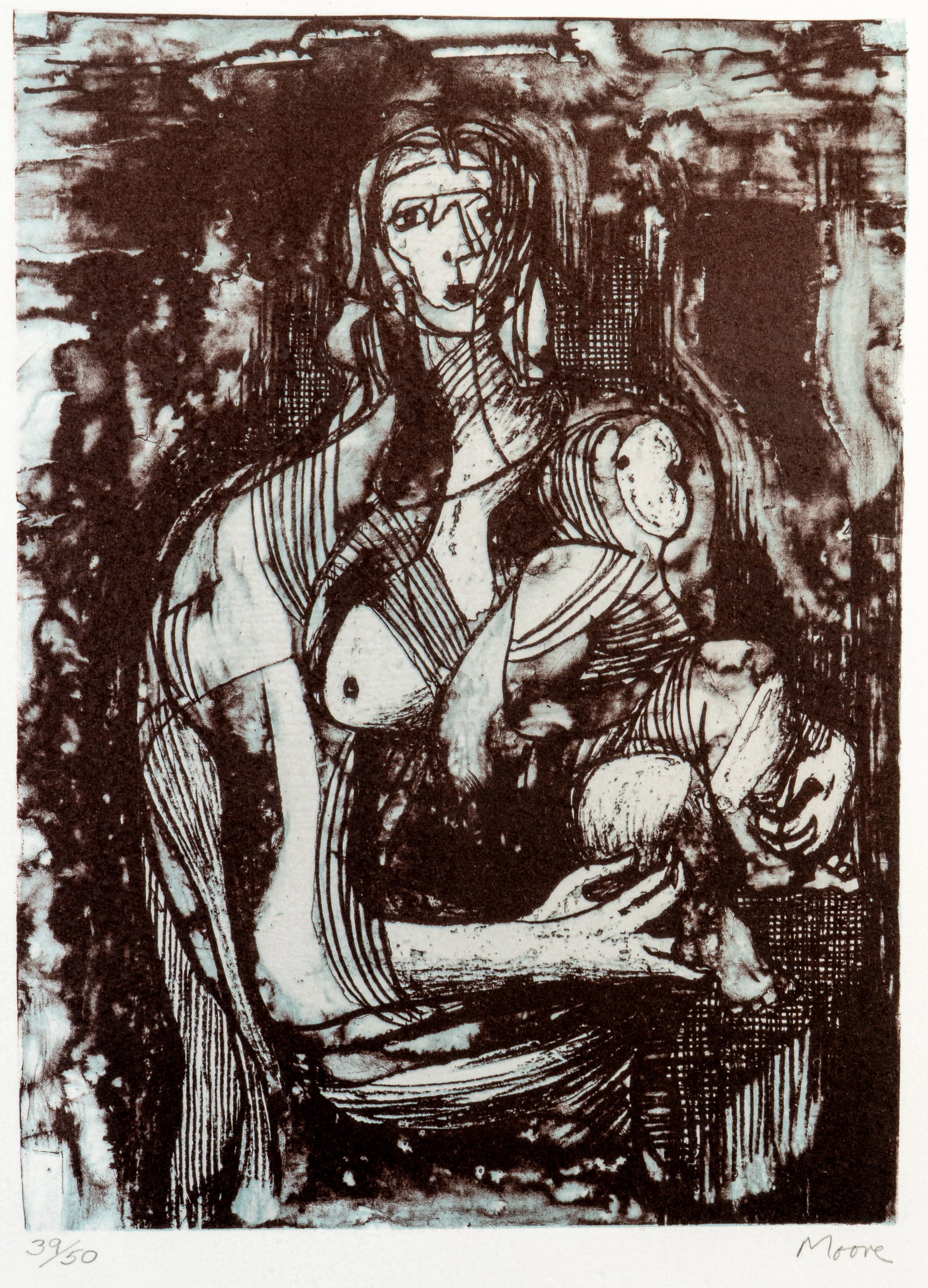 Henry Moore (British, 1898-1986) Mother with Child: Henry Moore (British, 1898-1986) Mother with Child Lithograph on paper, 1973-74. Signed in pencil lower right. Numbered "39/50" in pencil lower left. Number 39 from an edition of 50. Artist's watermar