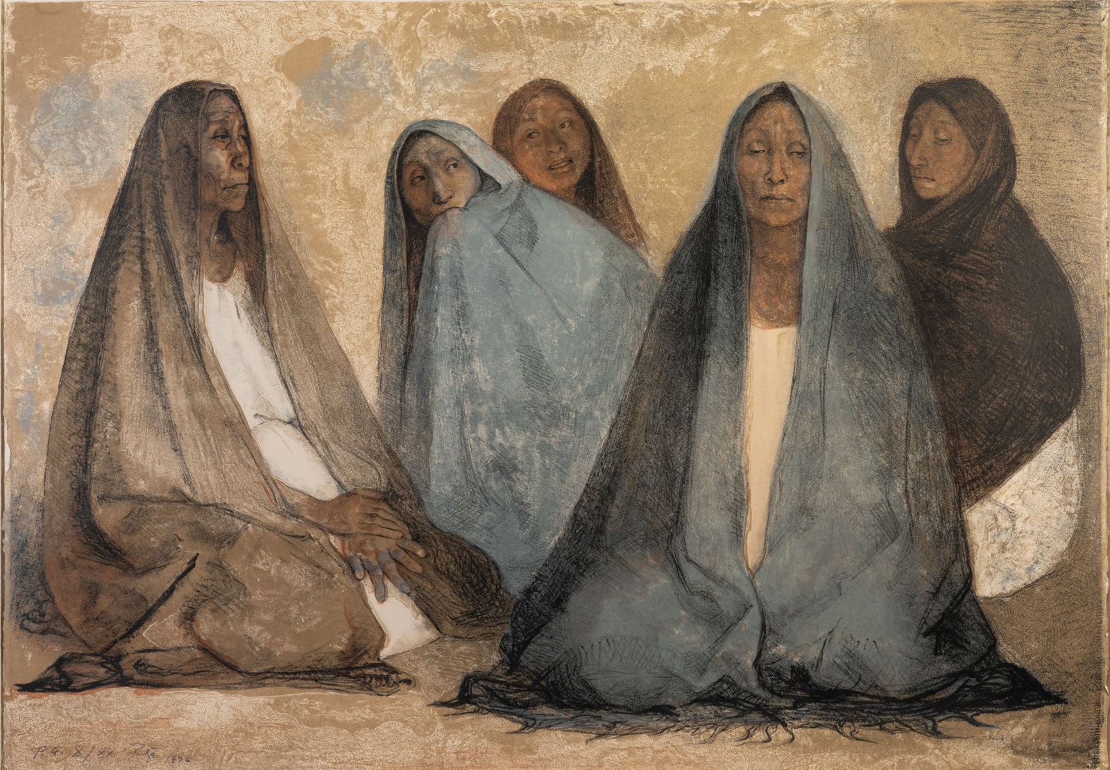 Francisco Zuniga (Mexican, 1912-1998) Grupo Di Mujeres Sentadas: Francisco Zuniga (Mexican, 1912-1998) Grupo Di Mujeres Sentadas Lithograph printed in color, 1976. Signed and dated in pencil and numbered X/XX. Full sheet printed to the edges, with the blindstamp of