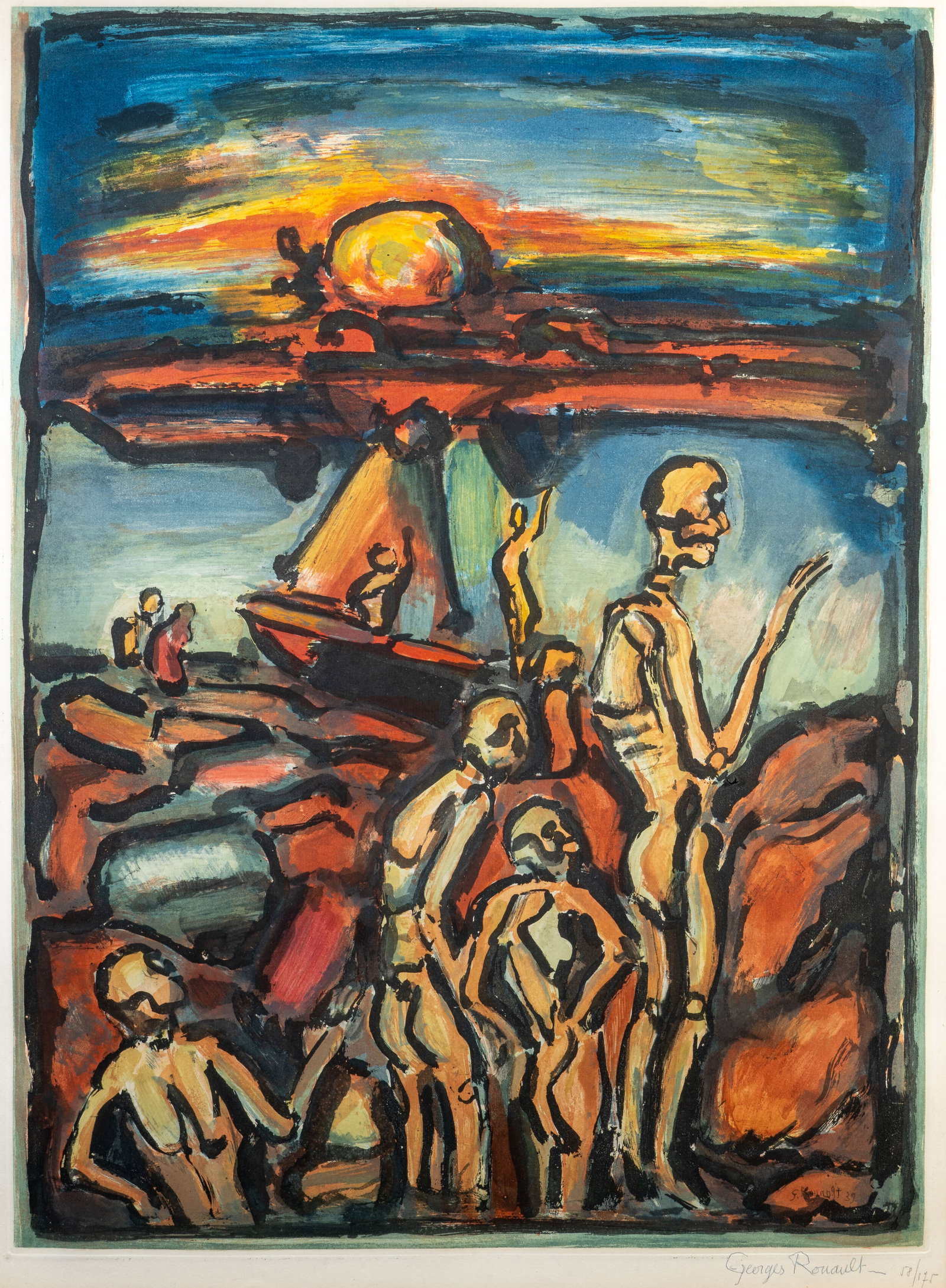 Georges-Henri Rouault (French, 1871-1958) La Baie de Trepasses: Georges-Henri Rouault (French, 1871-1958) La Baie de Trepasses Aquatint in colors, 1939. Numbered in pencil at lower right "58/175" and signed in pen at lower right. Number 58 from the edition of 175 