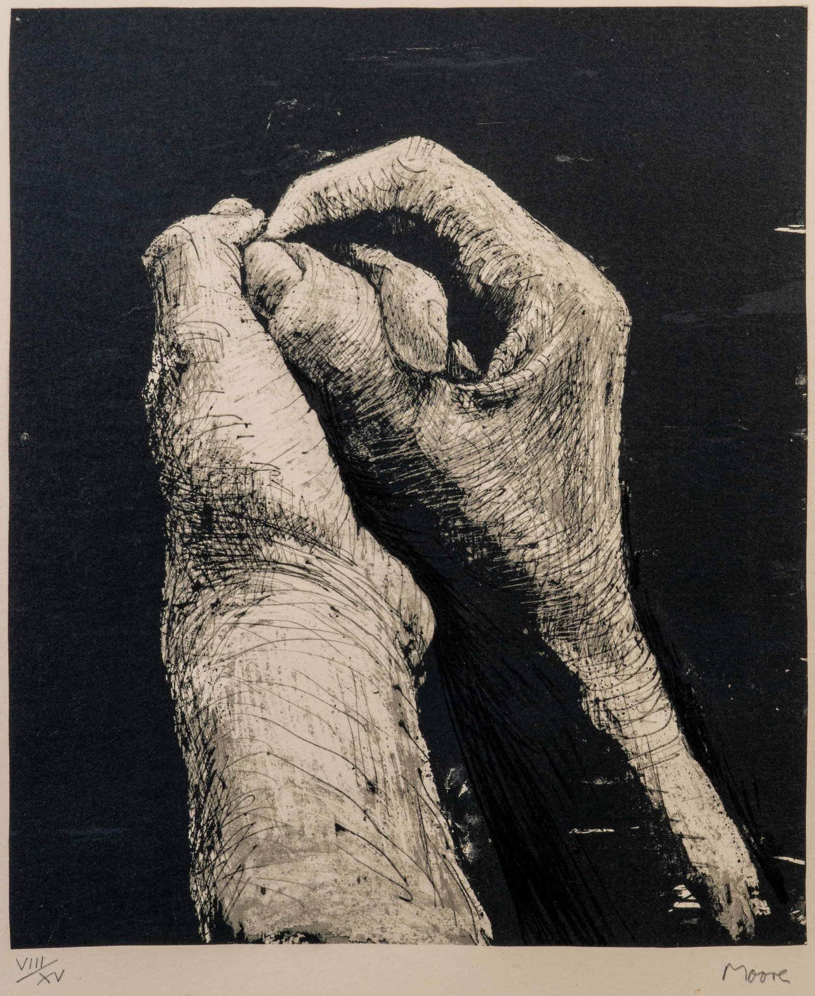 Henry Moore (British, 1898-1986) Hands II: Henry Moore (British, 1898-1986) Hands II Lithograph on paper, 1973. Signed in pencil lower right. Numbered "VIII/XV" in pencil lower left. Framed and floating under glass. Sheet: 25.5 x 19.75 in. Ima