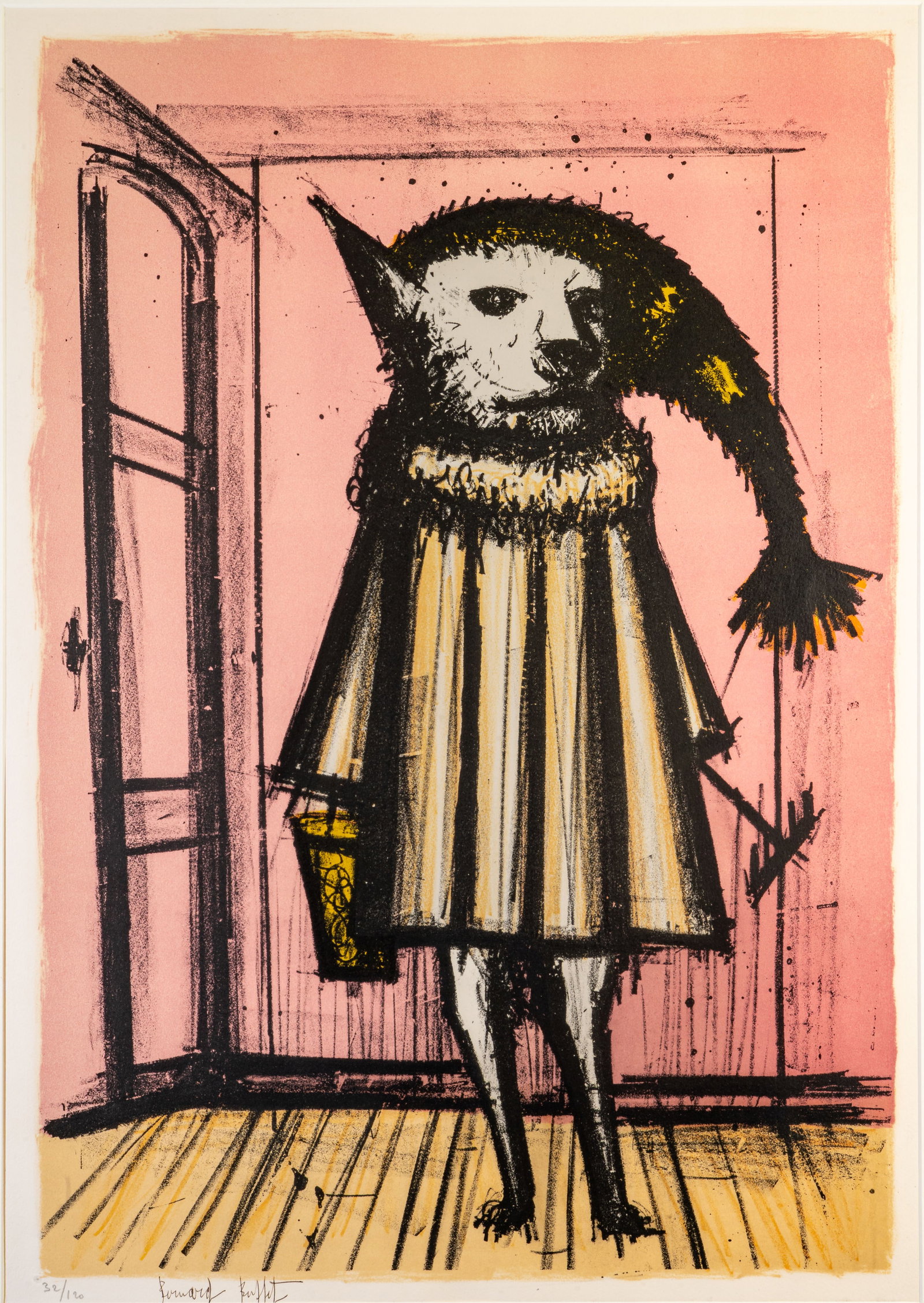 Bernard Buffet (French, 1928-1999) Le Chien Savant: Bernard Buffet (French, 1928-1999) Le Chien Savant Color lithograph. Signed in ink lower left. Numbered "32/120" in pencil at lower left. Number 32 from an edition of 120. Framed and matted under glas