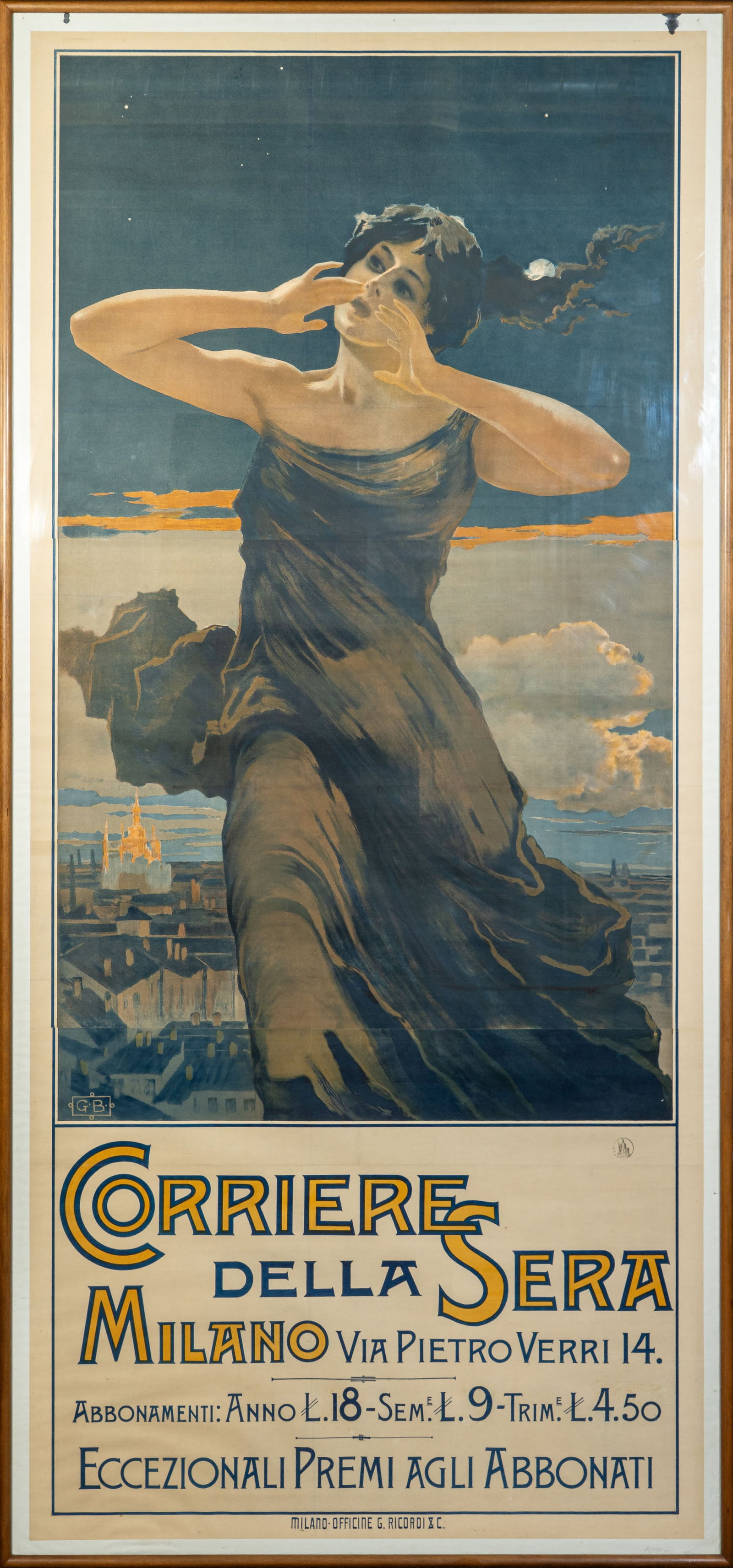 Giovanni Beltrami (Italian, 1860-1926) Poster: Giovanni Beltrami (Italian, 1860-1926) An original early 20th century Poster (lithograph in colors) comprised of three (3) connected sheets for Milanese newspaper Corriere della Sera 1898 Sheet size: 