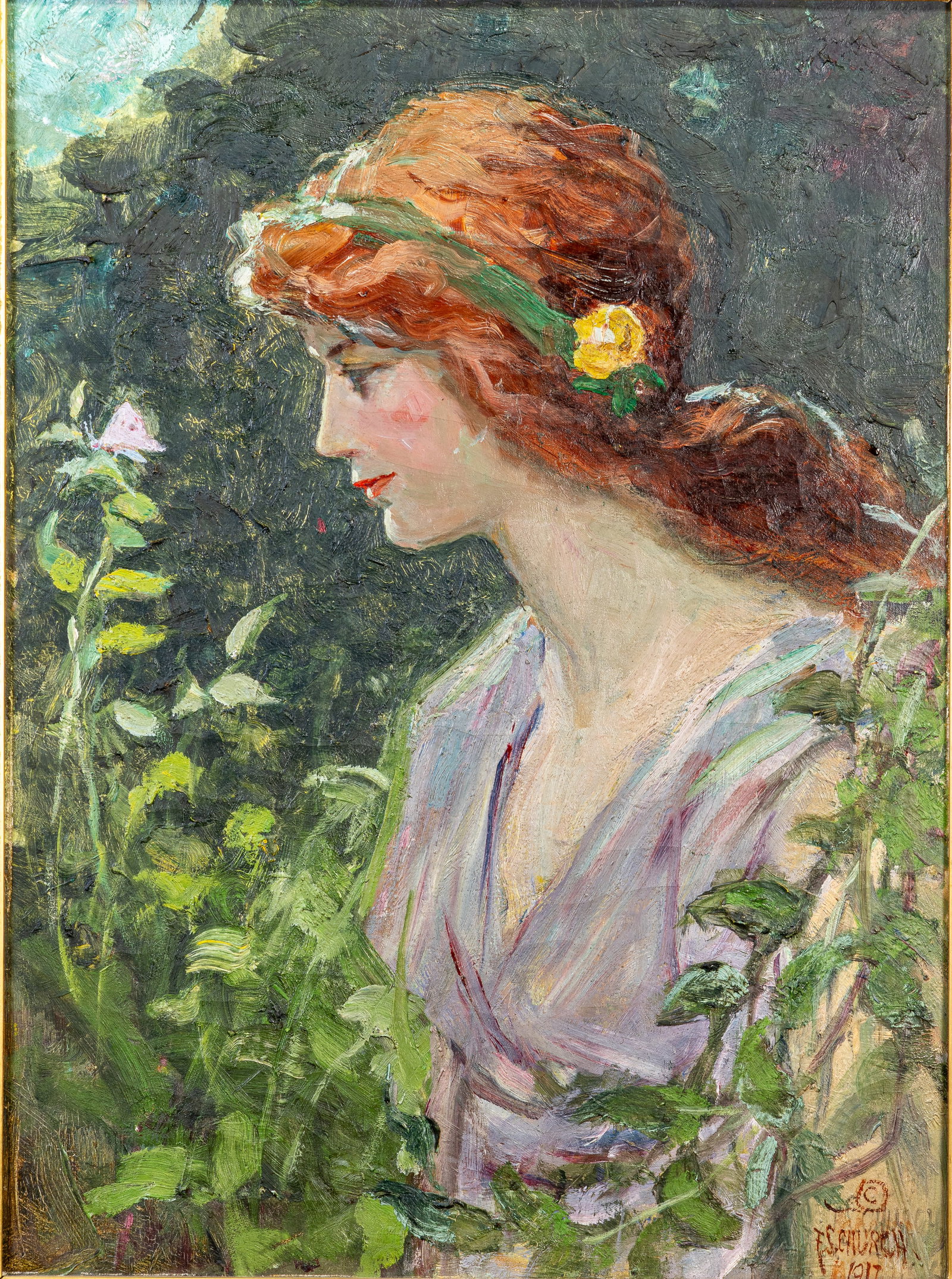 Frederic Edwin Church (American, 1826-1900) Portrait of a Woman: Frederic Edwin Church (American, 1826-1900) Portrait of a Woman. Oil on canvas. Signed and dated lower right, F.S. Church 1917. Framed and unglazed. Frame size: 32.5 in. x 26.75 in. x 3.5 in. View siz