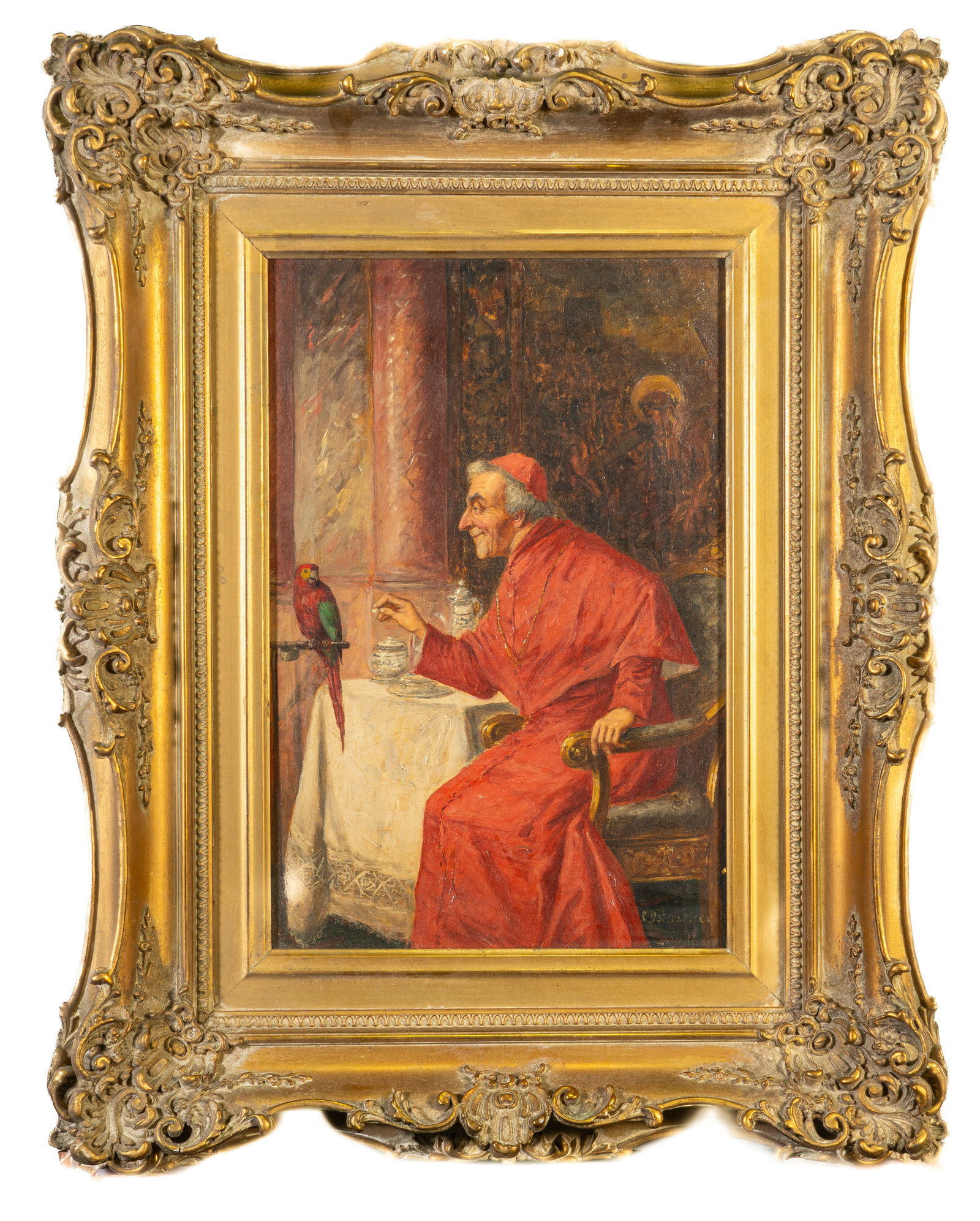 Carl Ostersetzer (Vienna, 1865-1914) Painting "Bishop Feeding Parrot": Carl Ostersetzer (Ukraine, Vienna, 1865-1914). Oil on Canvas of a Bishop Feeding a Parrot. Signed lower right C OstersetzerView size 12 in. x 8 in. Frame size 19 in. x 15.5 in. Carl Ostersetzer studie