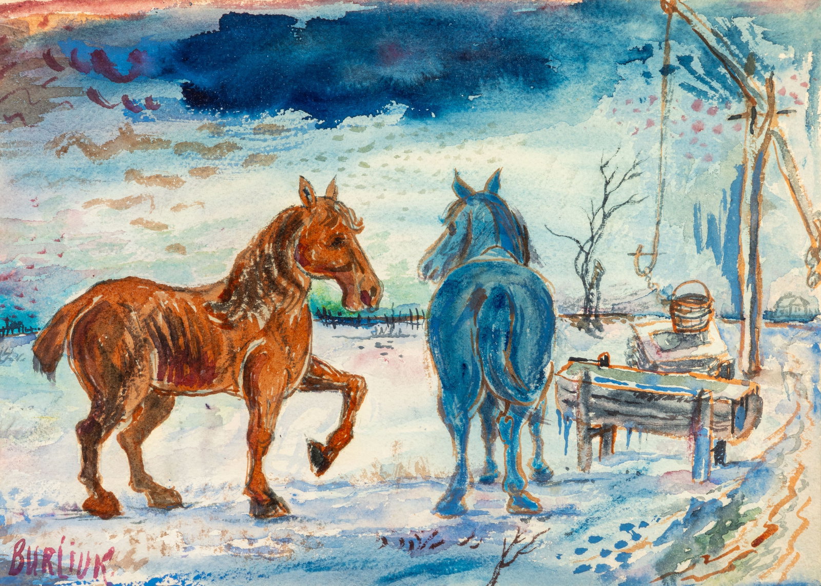 David Burliuk (Russian-American, 1887-1967) Country Farm with Two Horses: David Burliuk (Russian-American, 1887-1967) Country Farm with Two Horses Watercolor on paper. Signed in lower left. With an inscription on verso indicating was a gift from the artist to a previous own