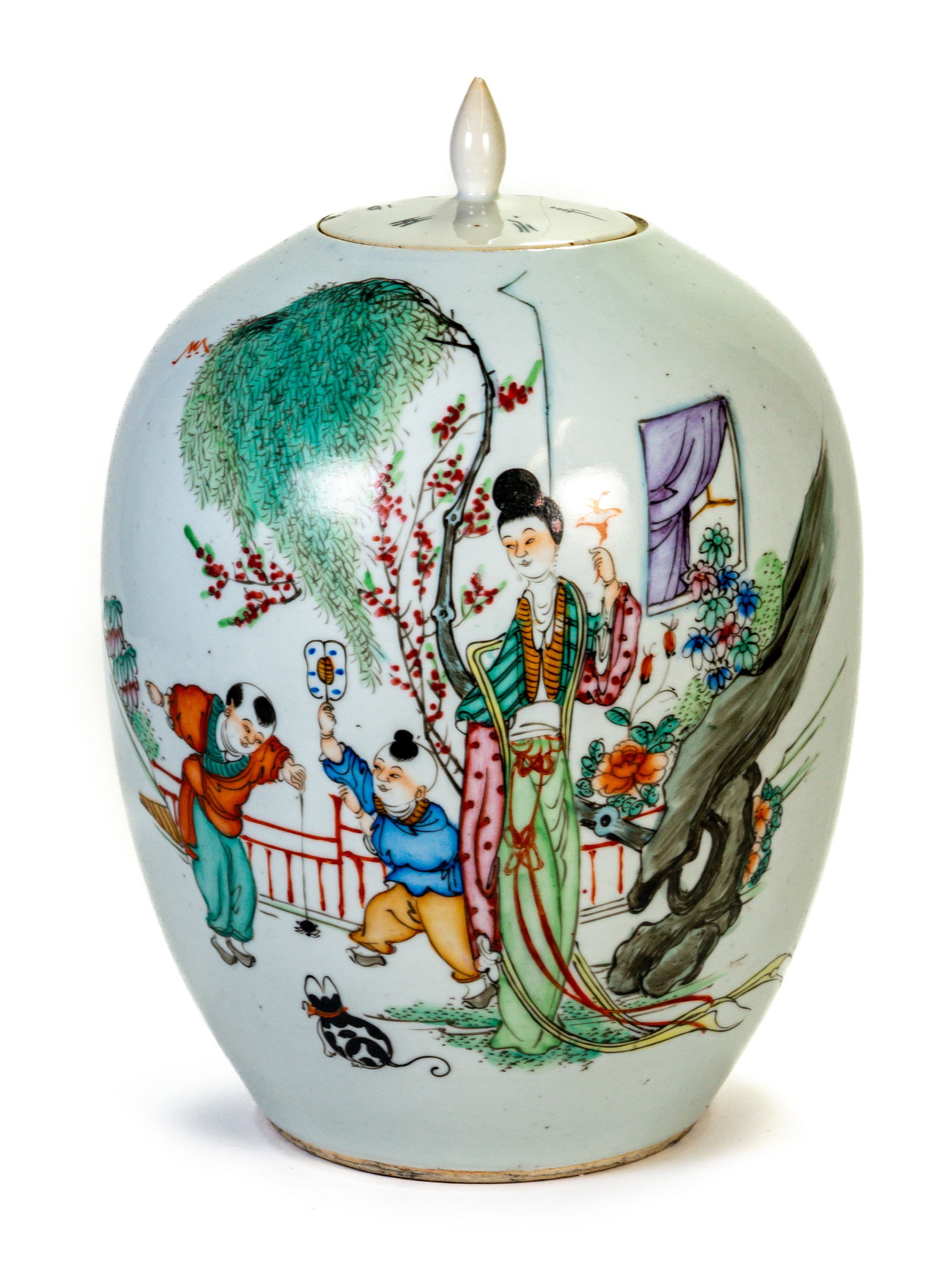Antique 19th C Chinese Covered Ginger Jar: 19th century Tao-Kwang Chinese lidded jar. Measurement: 12.5 inches to tip of finial. Condition: Jar has no notable issues. Lid has been repaired and has three small chips to edge.