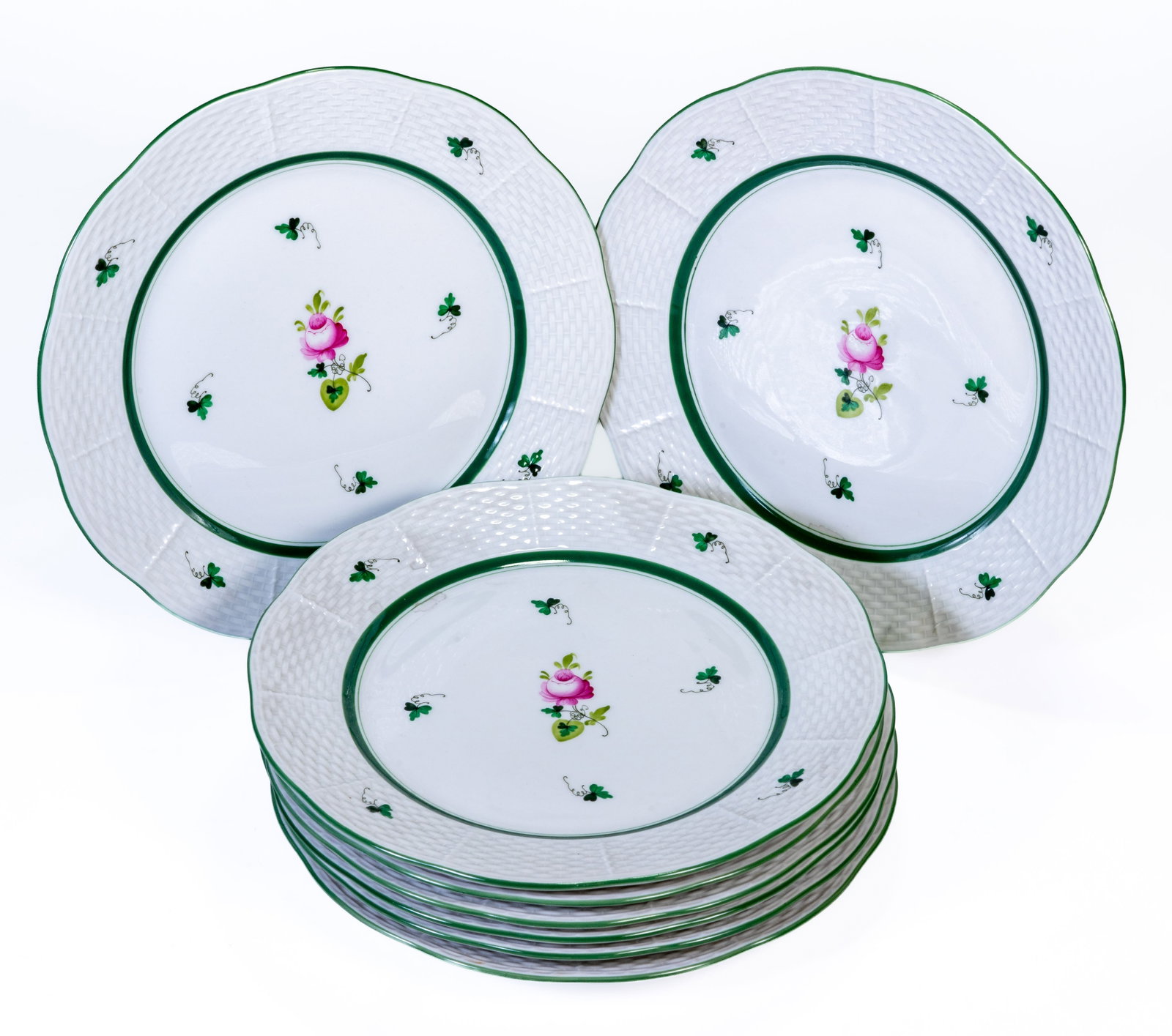 Eight Herend Vienna Rose Basketweave Plates: Eight Herend Vienna Rose Basketweave plates. They are 9 inches diameter. All in good condition with no scratches or losses.