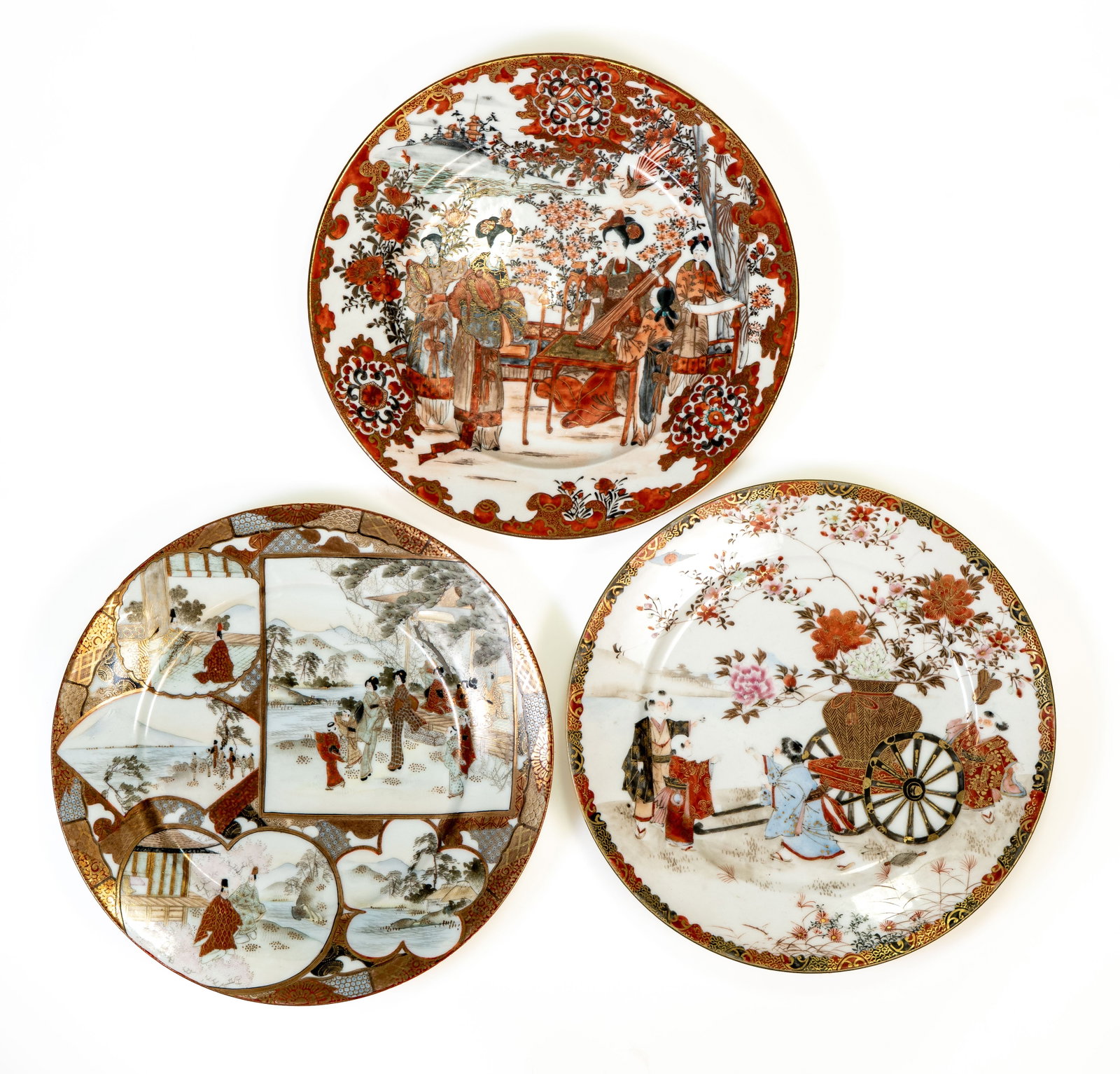 Three (3) Antique Japanese Kutani plates: Three antique Japanese Kutani Ware plates, all signed. Measure 8.5 in. diameter. Good condition, no damage or losses.