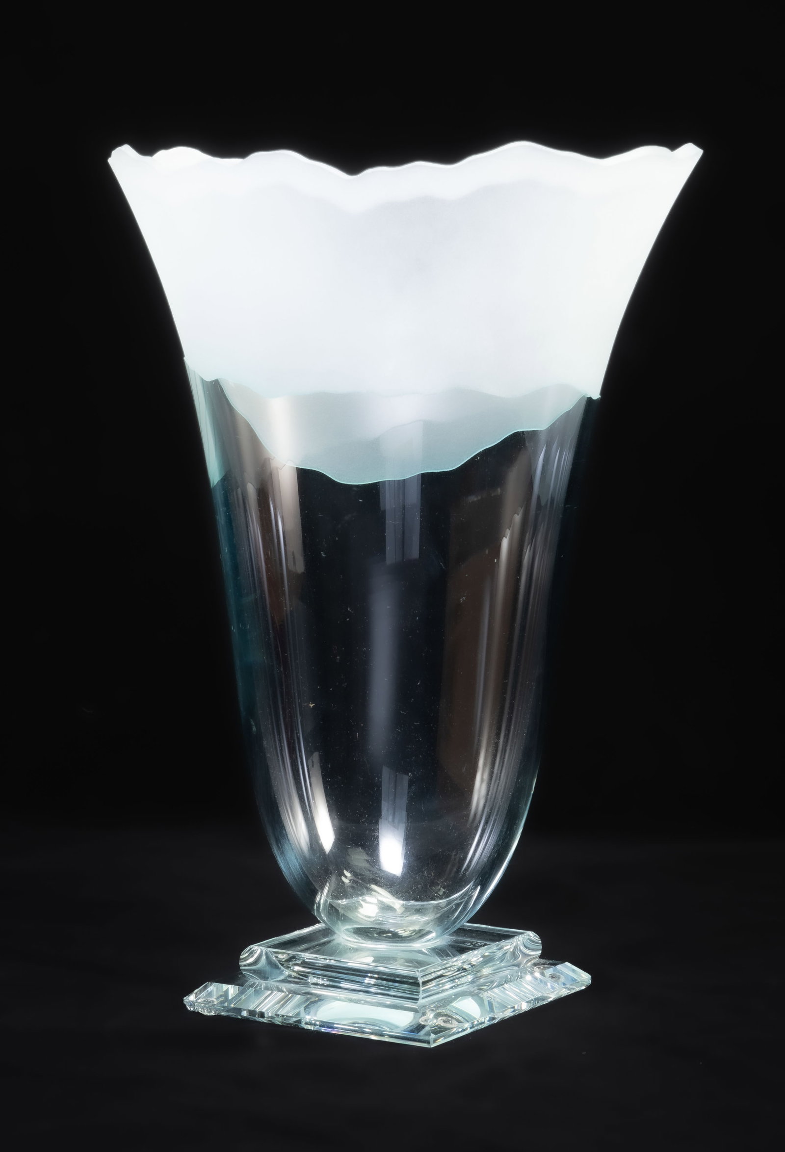 Art Glass Vase "Scapes" by Stephen Schlanser: Art glass vase signed Stephen Schlanser. Flaring etched top over clear body on stepped base. Measures 11.5 in. x 8.5 in. x 5.5 in. Good condition, no chips or scratches.
