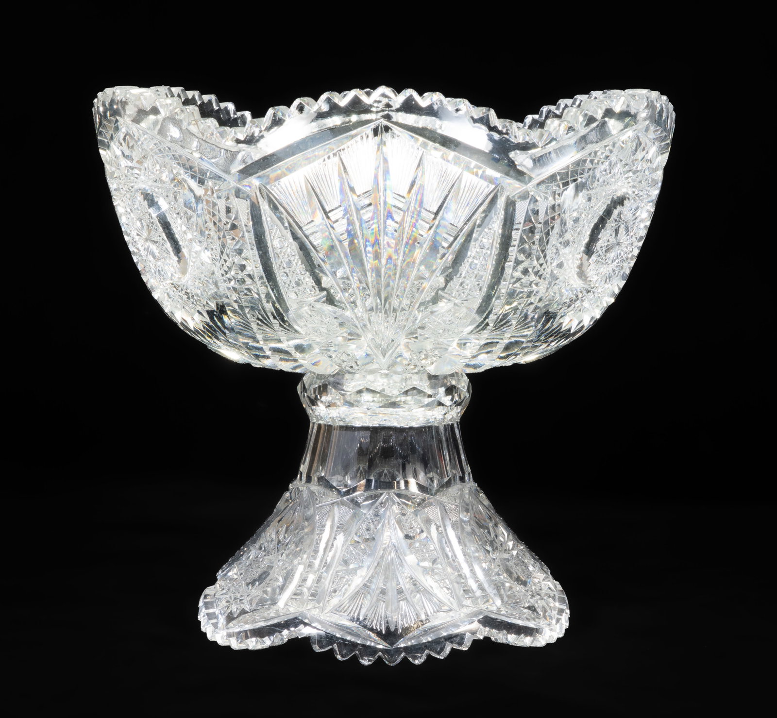American Cut Glass Punch Bowl (2pc): American Brilliant Period cut glass two?part punch bowl. Measures 9.5 in. high x 10.5 in. wide. No chips or damage.