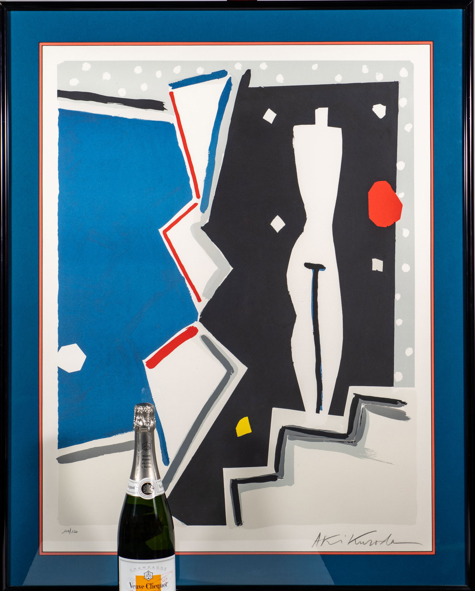 Akihiko Kuroda (Japanese, b. 1944) Screenprint on Paper: Artist: Akihiko Kuroda (Japanese, b. 1944). Limited edition screenprint on paper. Abstract with human form. Signed lower right ?Aki Kuroda.? Edition 102/120. View size 32 in. high x 24 in. wide. Frame
